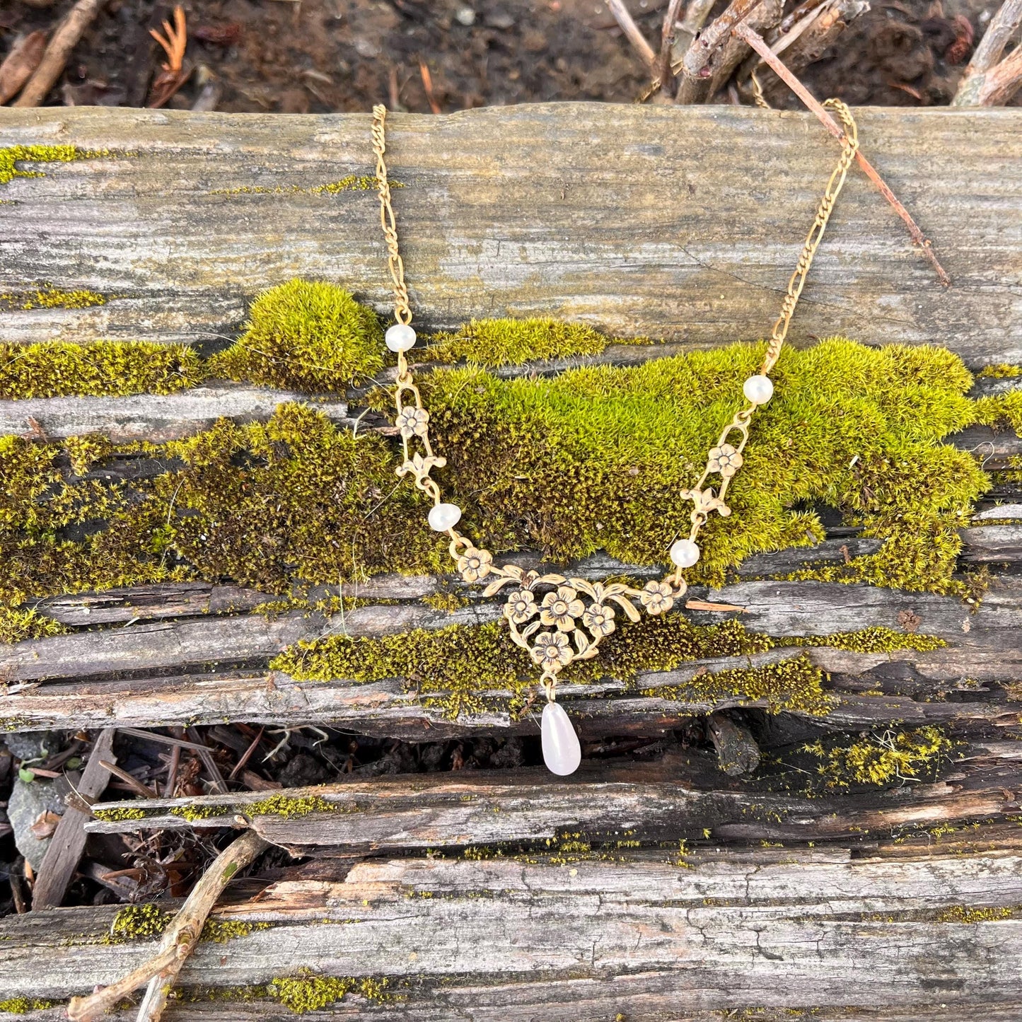 Vintage Gold Floral Necklace with Real Freshwater Pearls and Teardrop Pendant