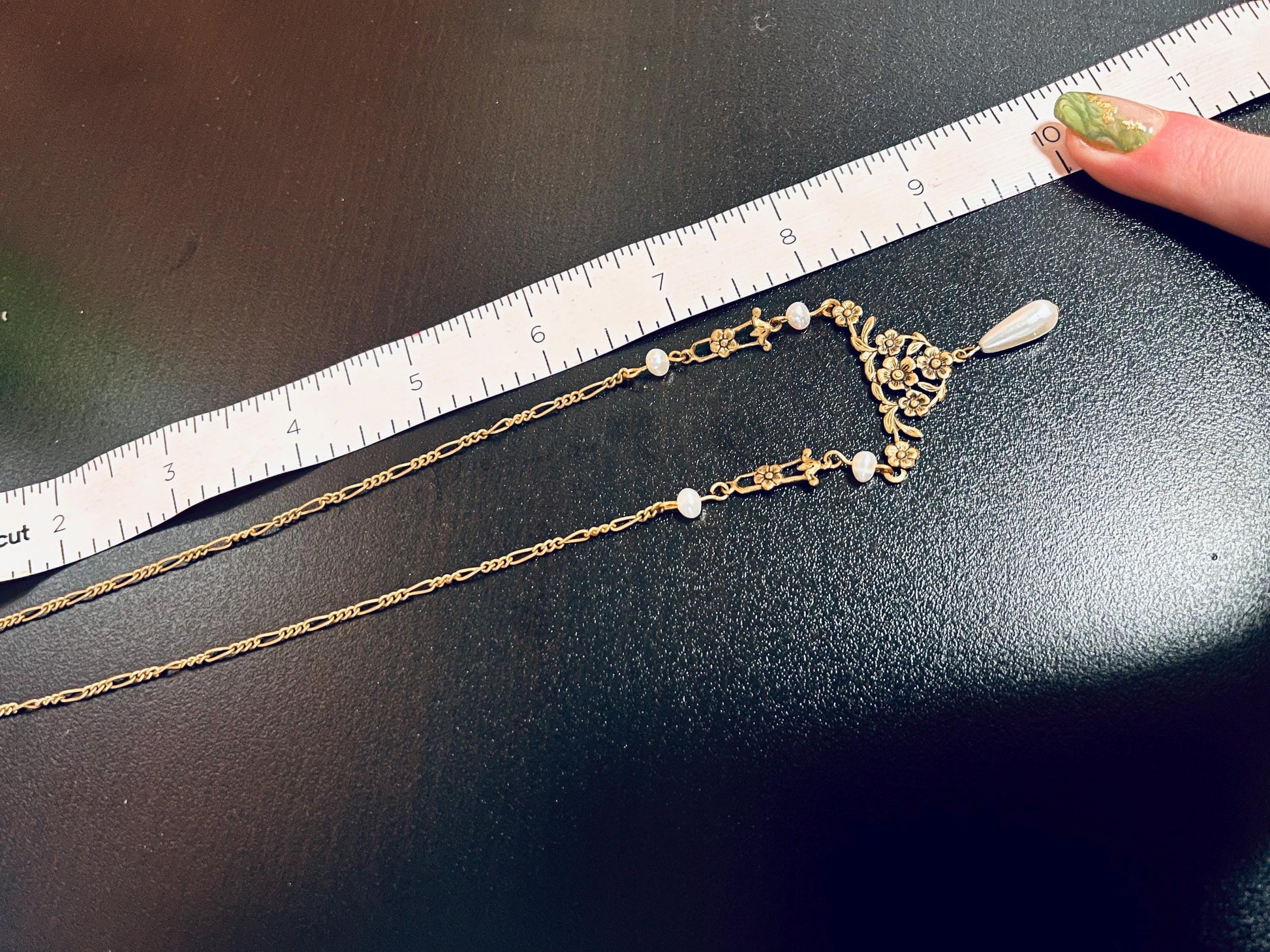 Vintage Gold Floral Necklace with Real Freshwater Pearls and Teardrop Pendant