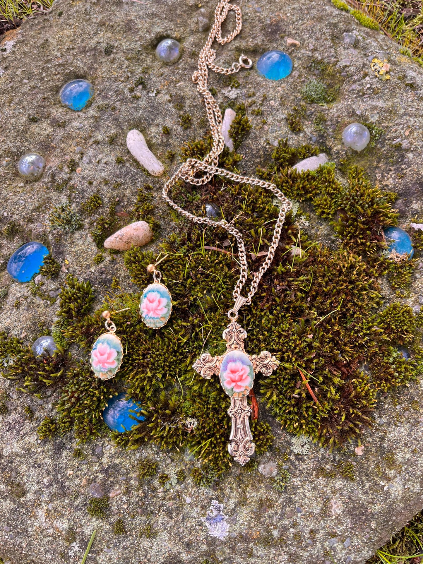 Rosalind Set- Floral Cross Necklace & Earrings Set