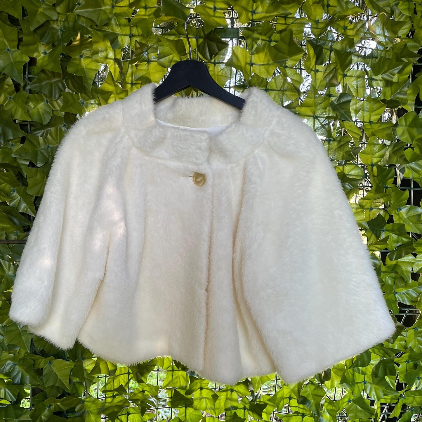 Cropped Cloud Jacket- Vintage White Faux Fur Cropped Cape Jacket with Button Closure