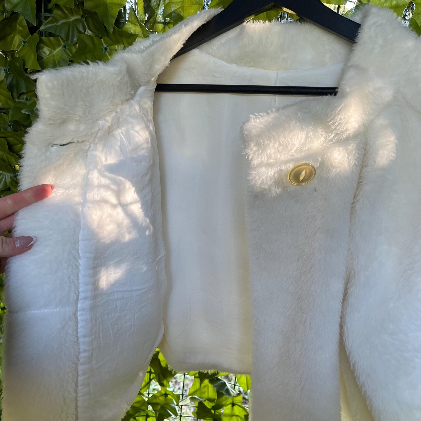 Cropped Cloud Jacket- Vintage White Faux Fur Cropped Cape Jacket with Button Closure
