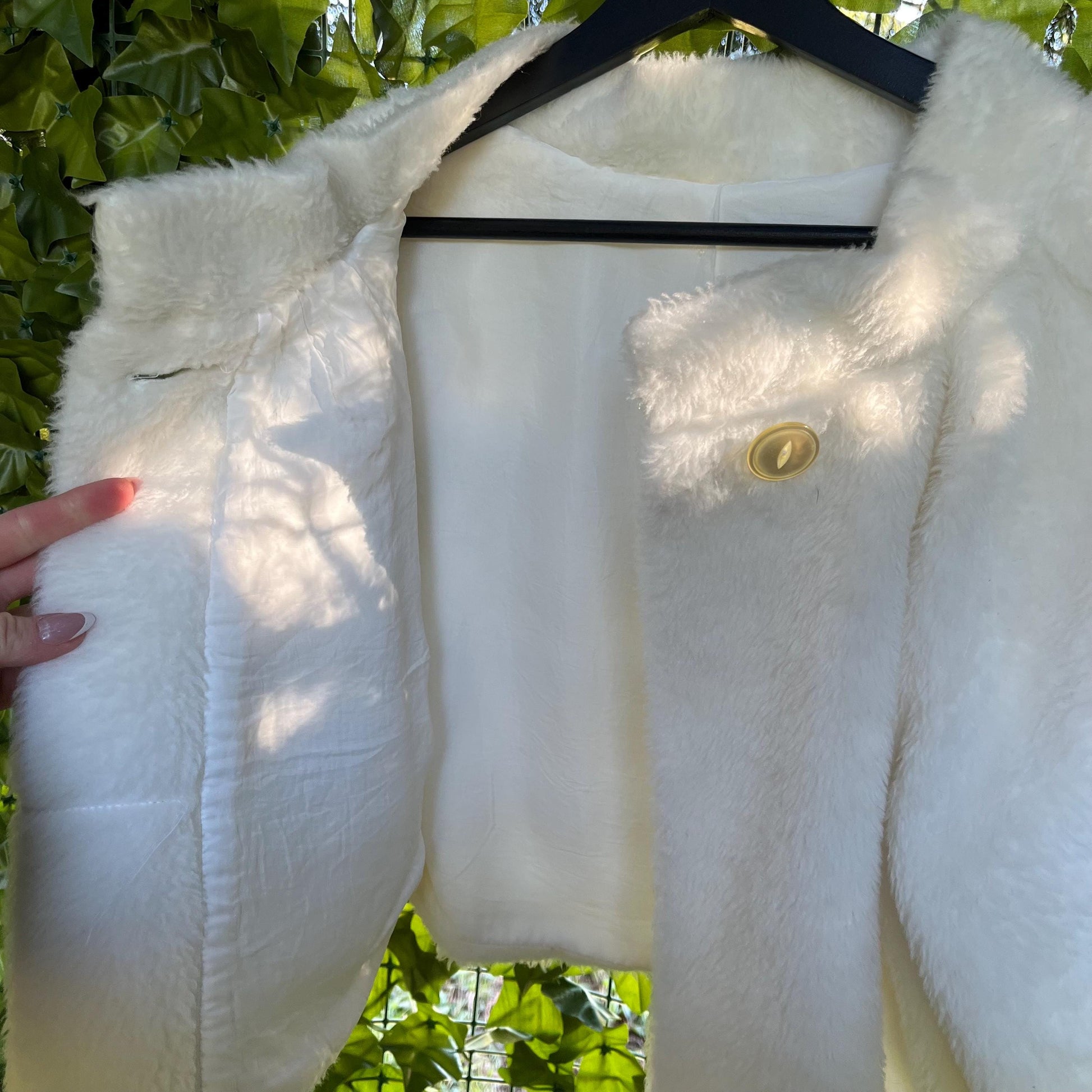 Cropped Cloud Jacket- Vintage White Faux Fur Cropped Cape Jacket with Button Closure