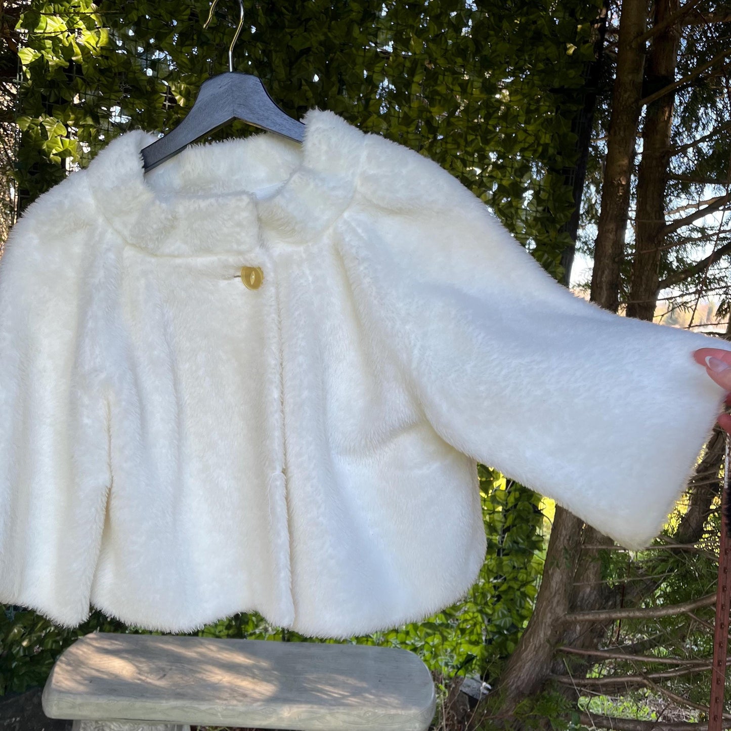 Cropped Cloud Jacket- Vintage White Faux Fur Cropped Cape Jacket with Button Closure