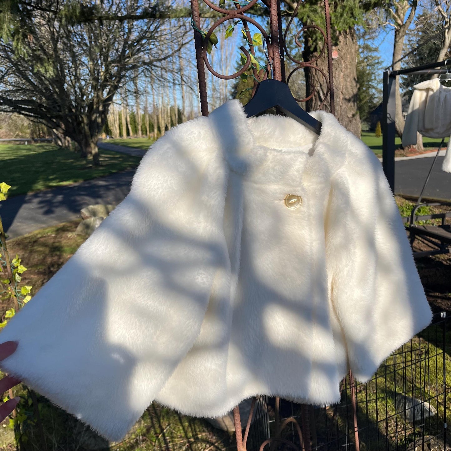 Cropped Cloud Jacket- Vintage White Faux Fur Cropped Cape Jacket with Button Closure