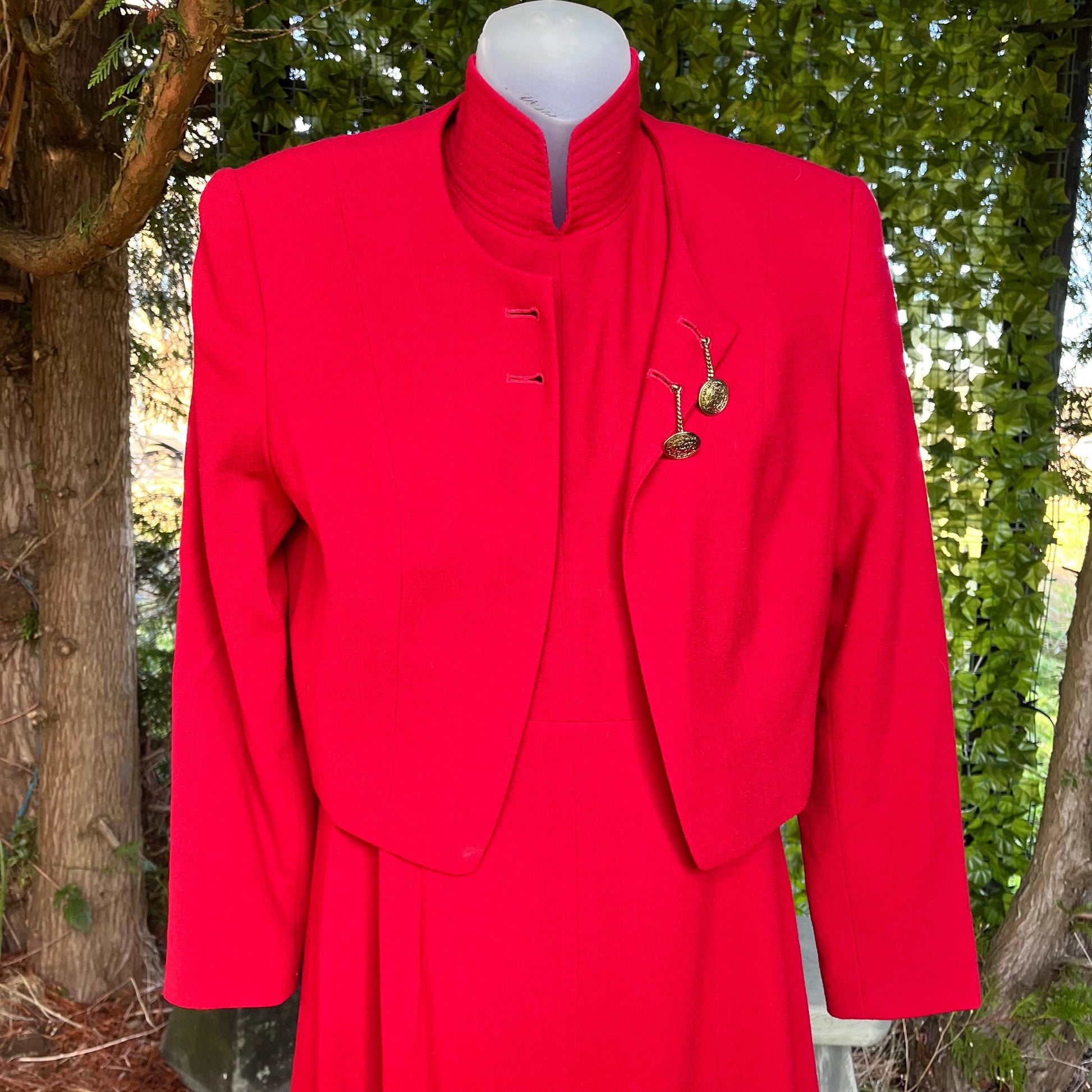 Elegant 2-piece Ensemble, Red Wool Dress & Jacket Set by Linda Allard, Ellen Tracy