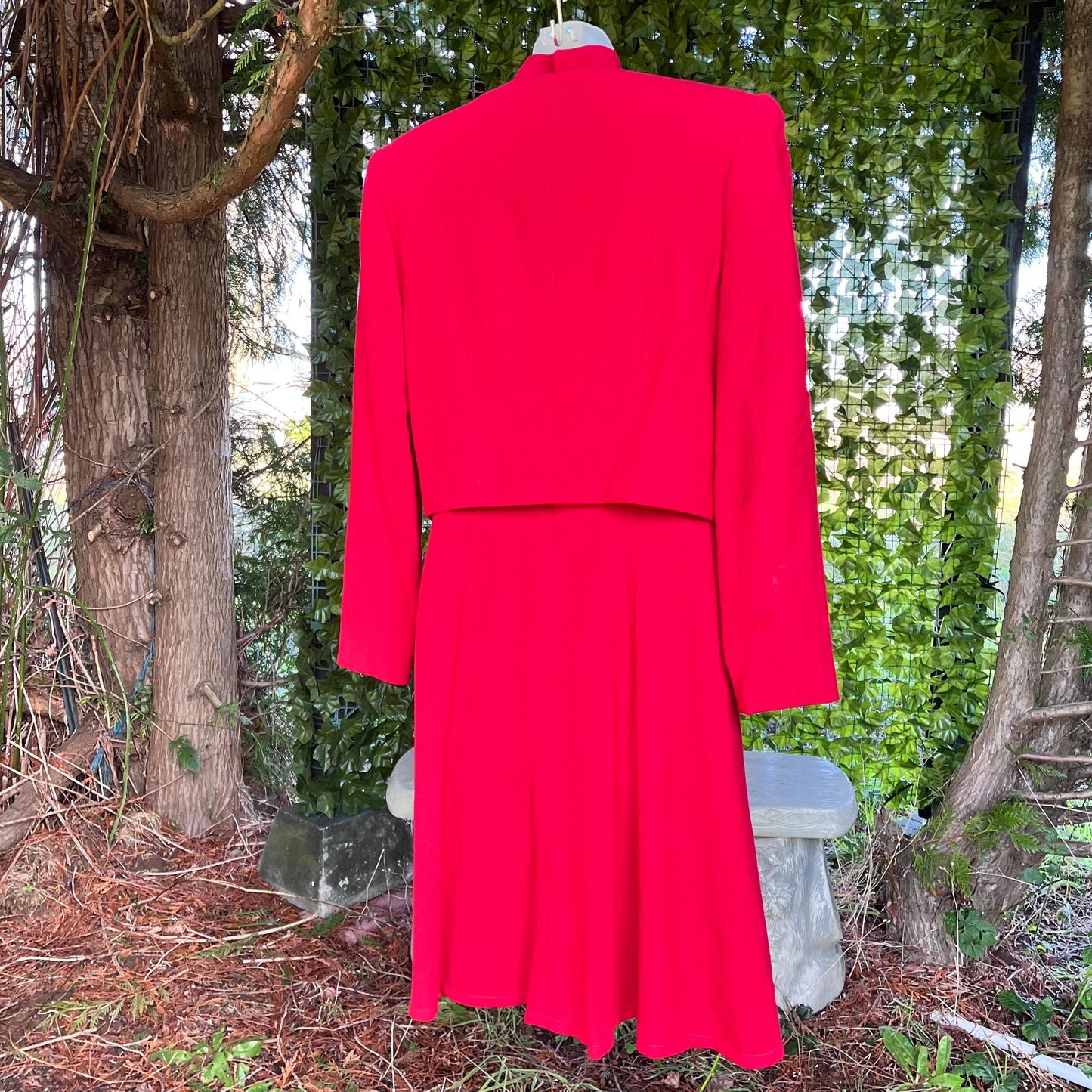 Elegant 2-piece Ensemble, Red Wool Dress & Jacket Set by Linda Allard, Ellen Tracy