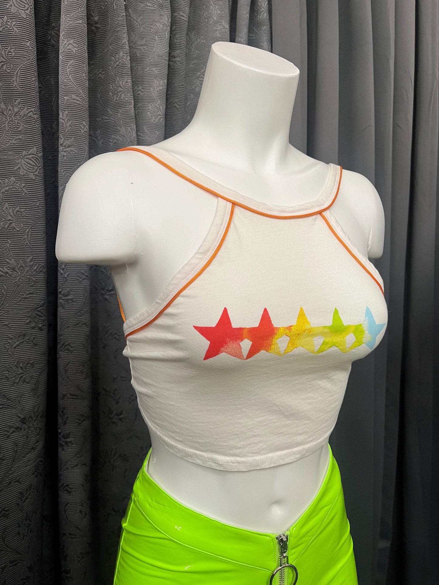 Rainbow Star Halter Crop Top – Y2K Retro Aesthetic, Tie-Back Tank, Festival Ravewear