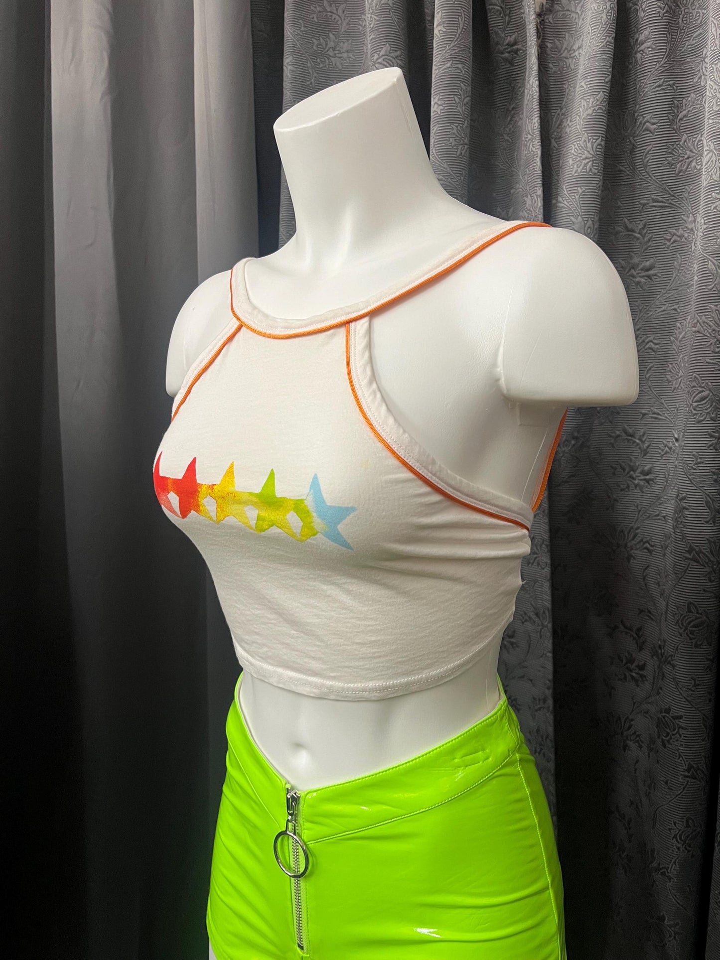 Rainbow Star Halter Crop Top – Y2K Retro Aesthetic, Tie-Back Tank, Festival Ravewear