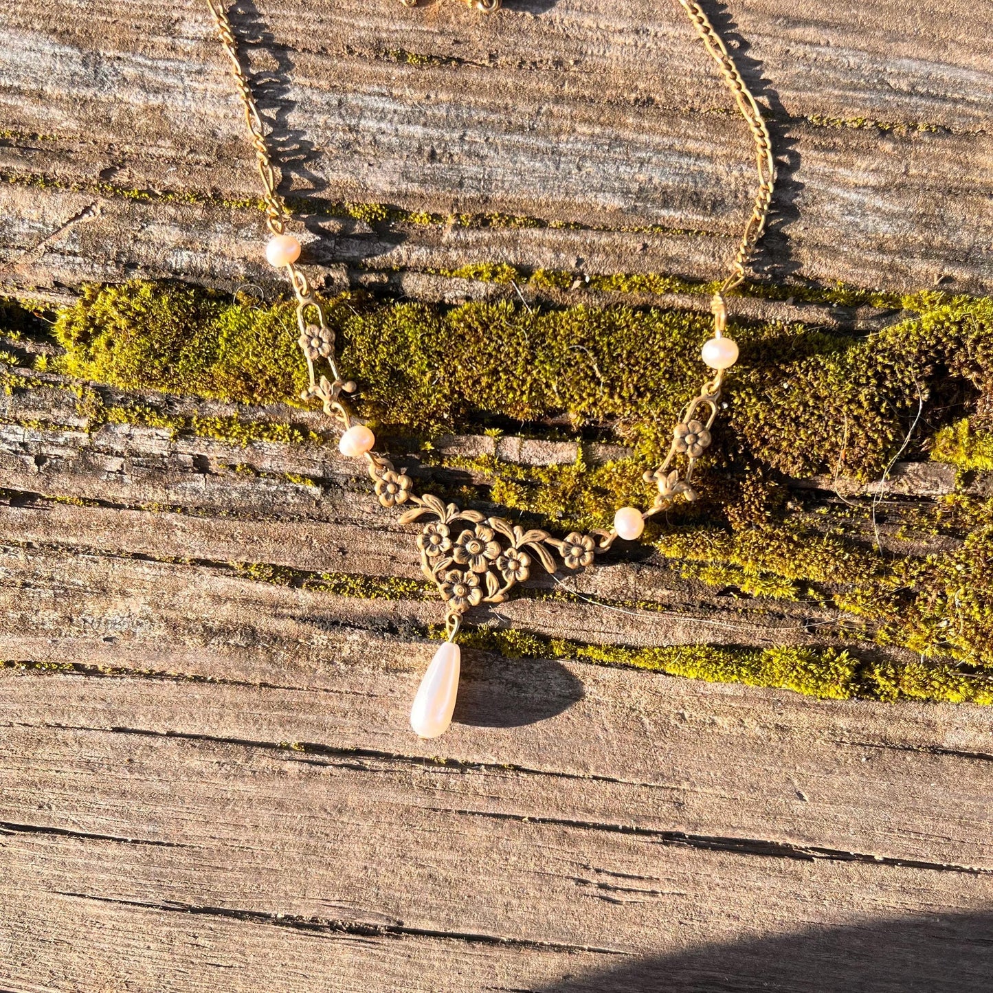 Vintage Gold Floral Necklace with Real Freshwater Pearls and Teardrop Pendant