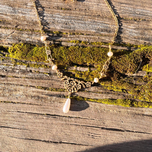 Vintage Gold Floral Necklace with Real Freshwater Pearls and Teardrop Pendant