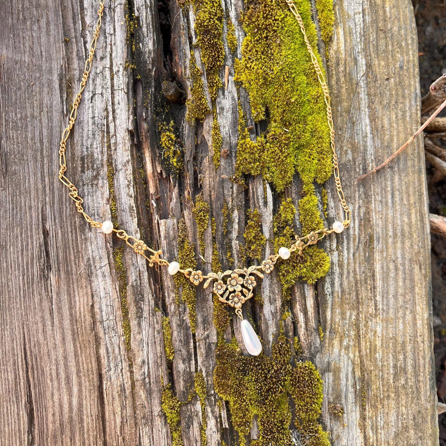 Vintage Gold Floral Necklace with Real Freshwater Pearls and Teardrop Pendant