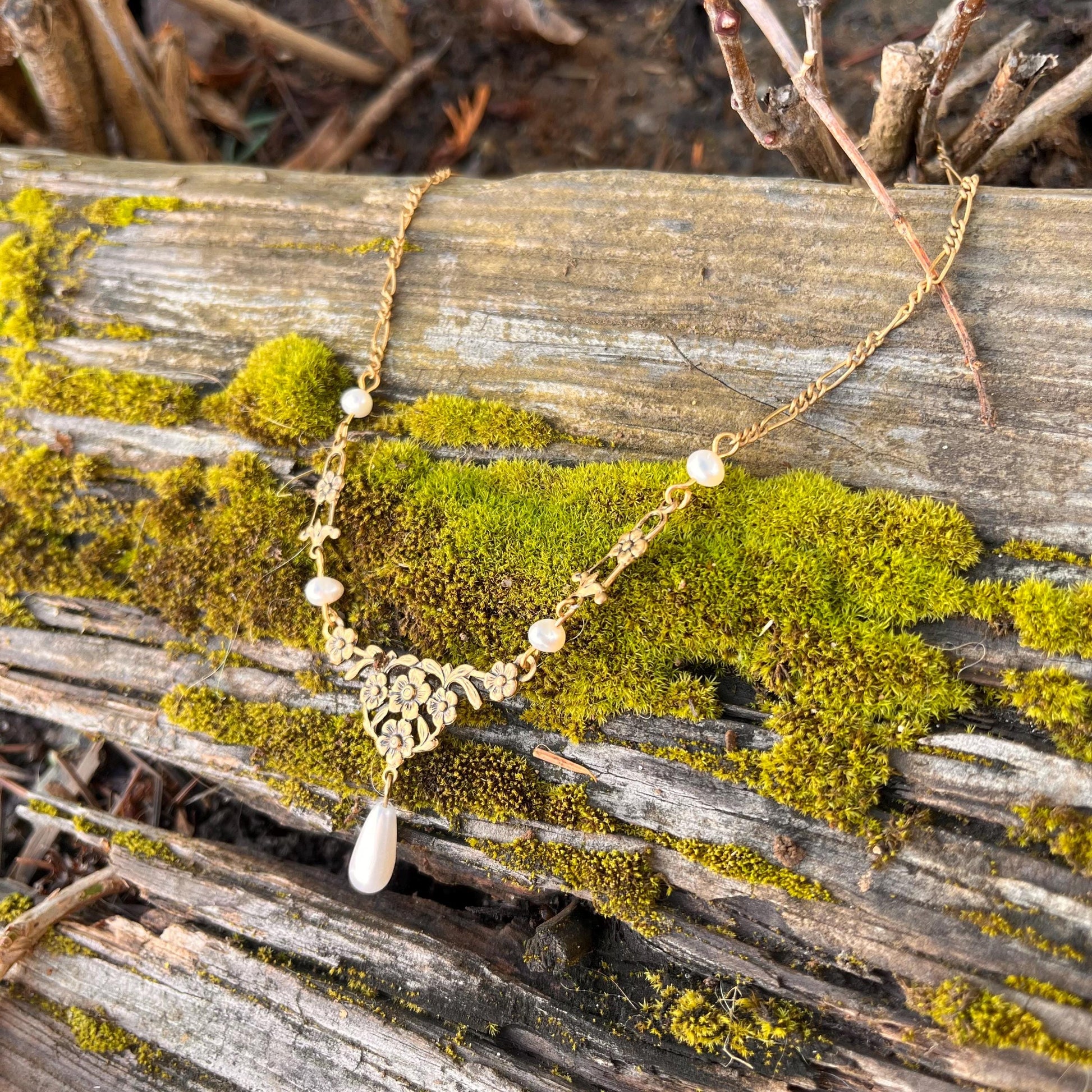 Vintage Gold Floral Necklace with Real Freshwater Pearls and Teardrop Pendant