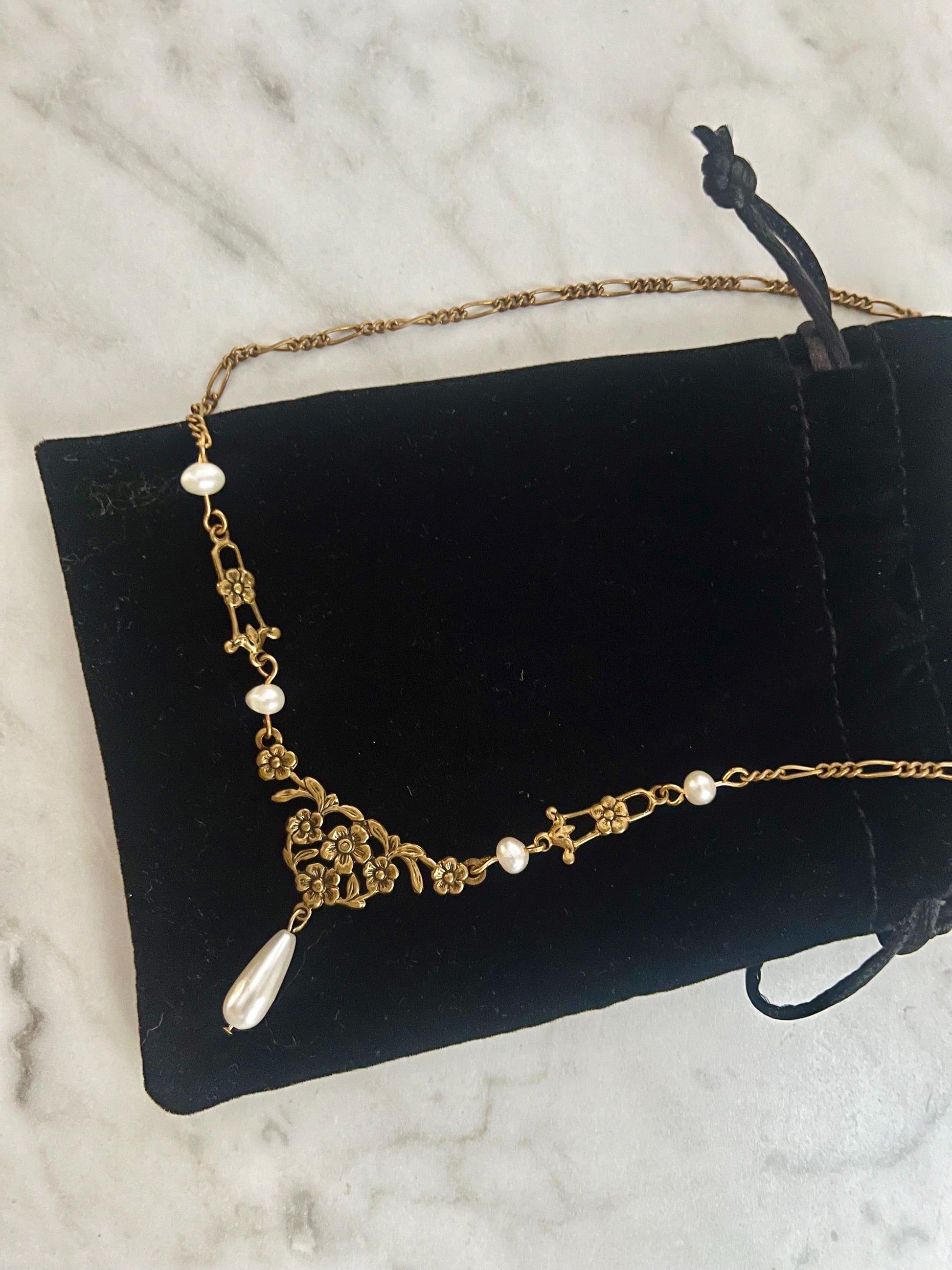 Vintage Gold Floral Necklace with Real Freshwater Pearls and Teardrop Pendant