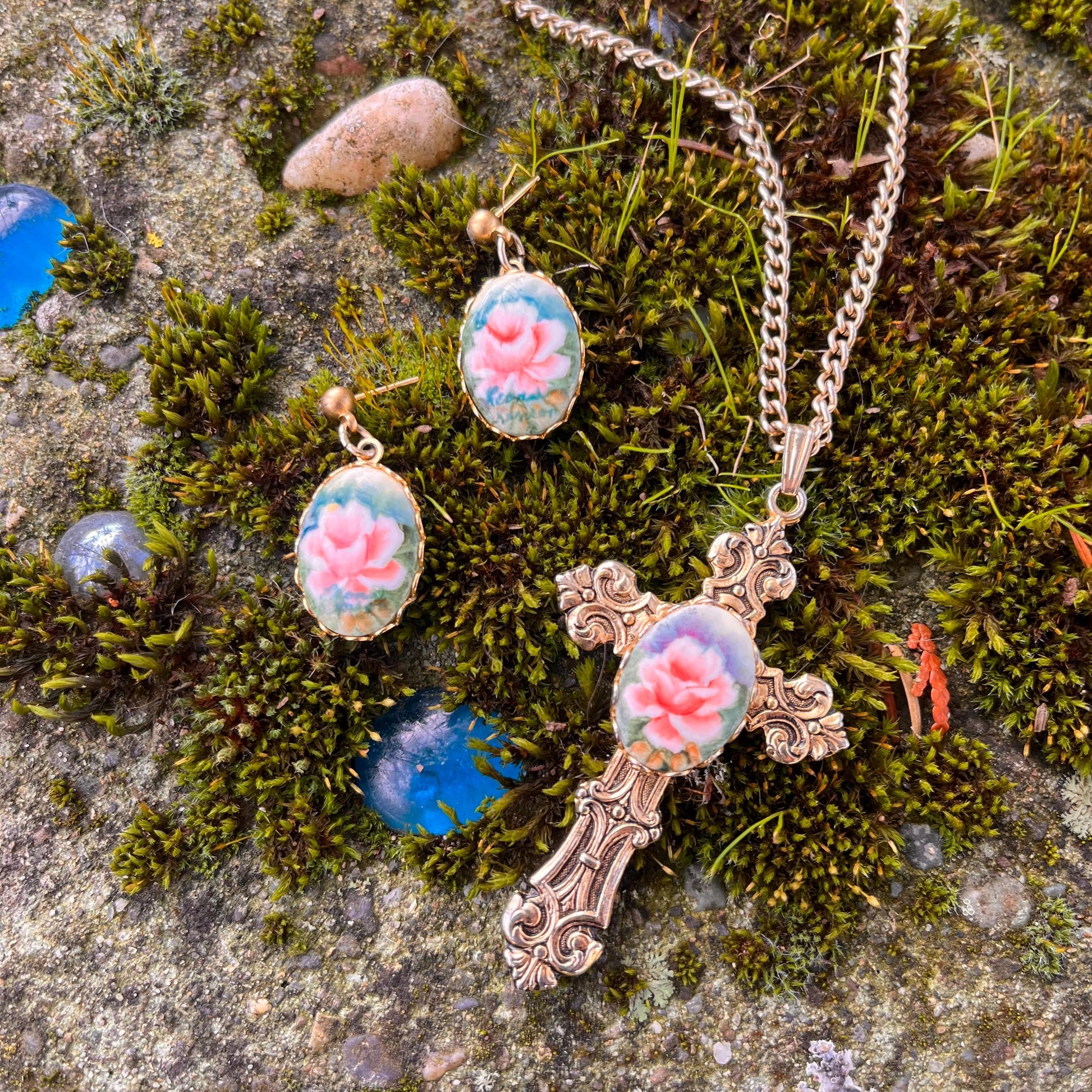 Rosalind Set- Floral Cross Necklace & Earrings Set