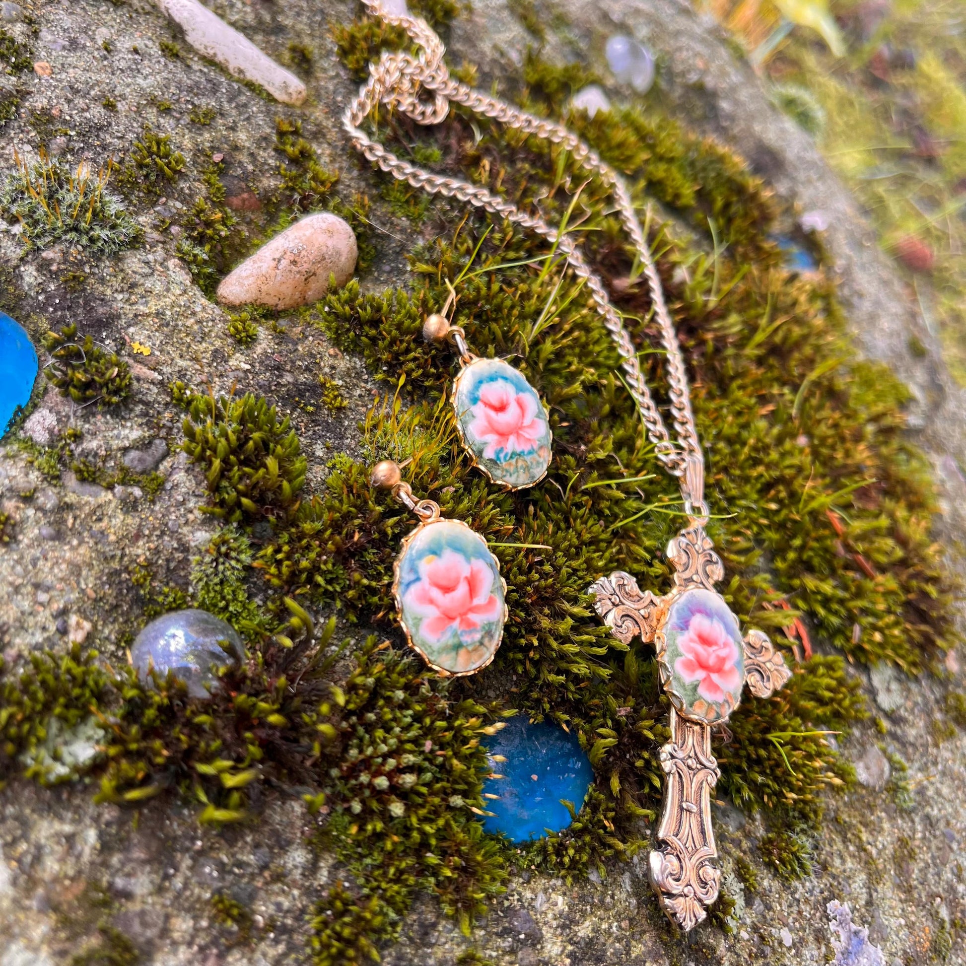 Rosalind Set- Floral Cross Necklace & Earrings Set