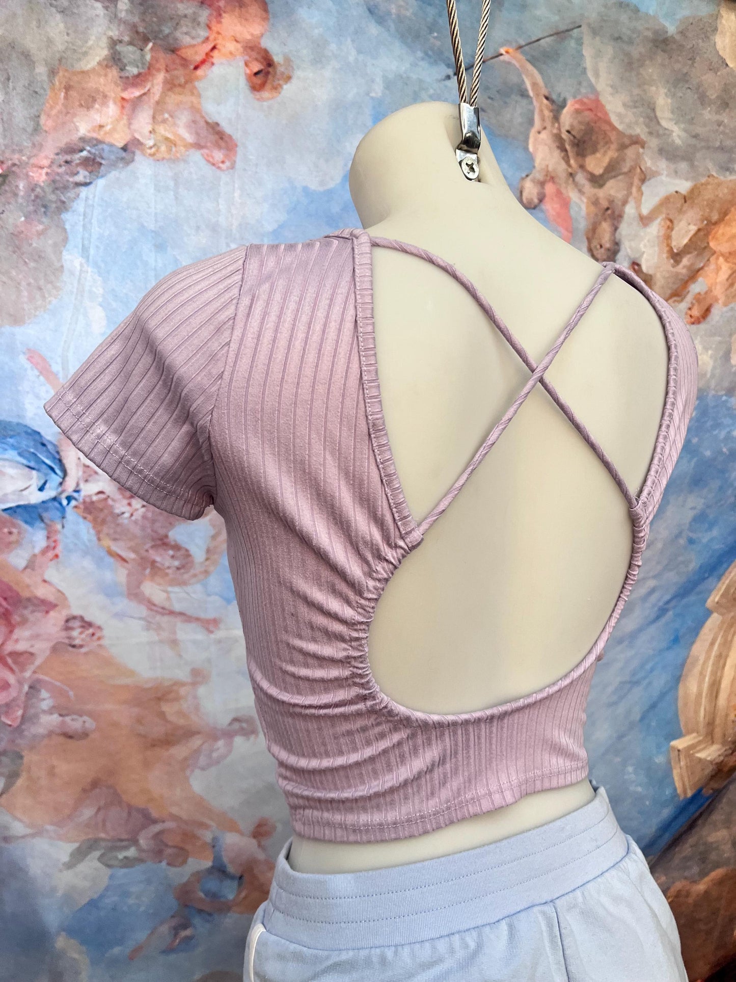 Soft Ribbed Short Sleeve Tee With Rhinestone Heart and Cutout Back