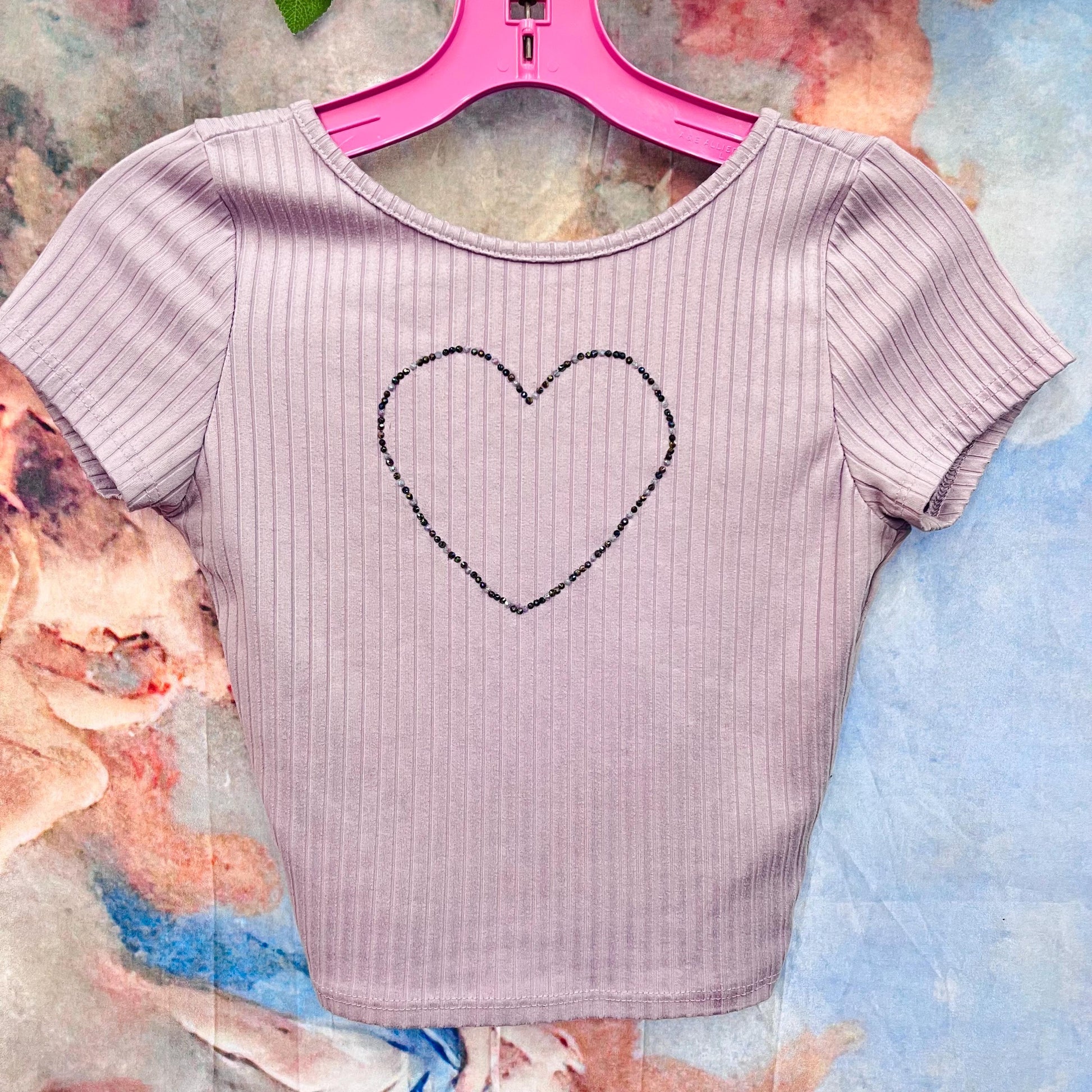 Soft Ribbed Short Sleeve Tee With Rhinestone Heart and Cutout Back