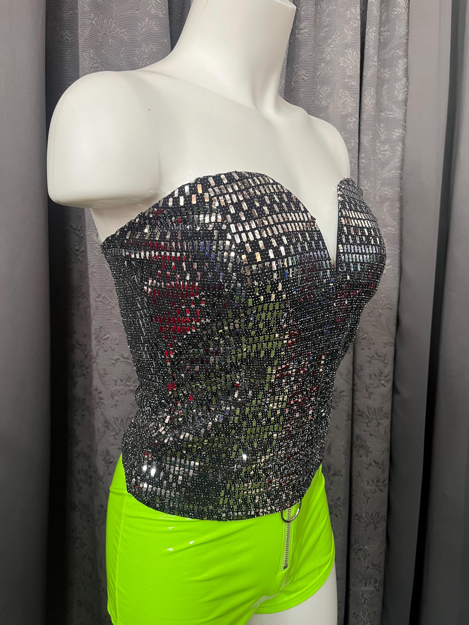 Glitter Grid Strapless Bustier – Reflective Rave Corset Top
