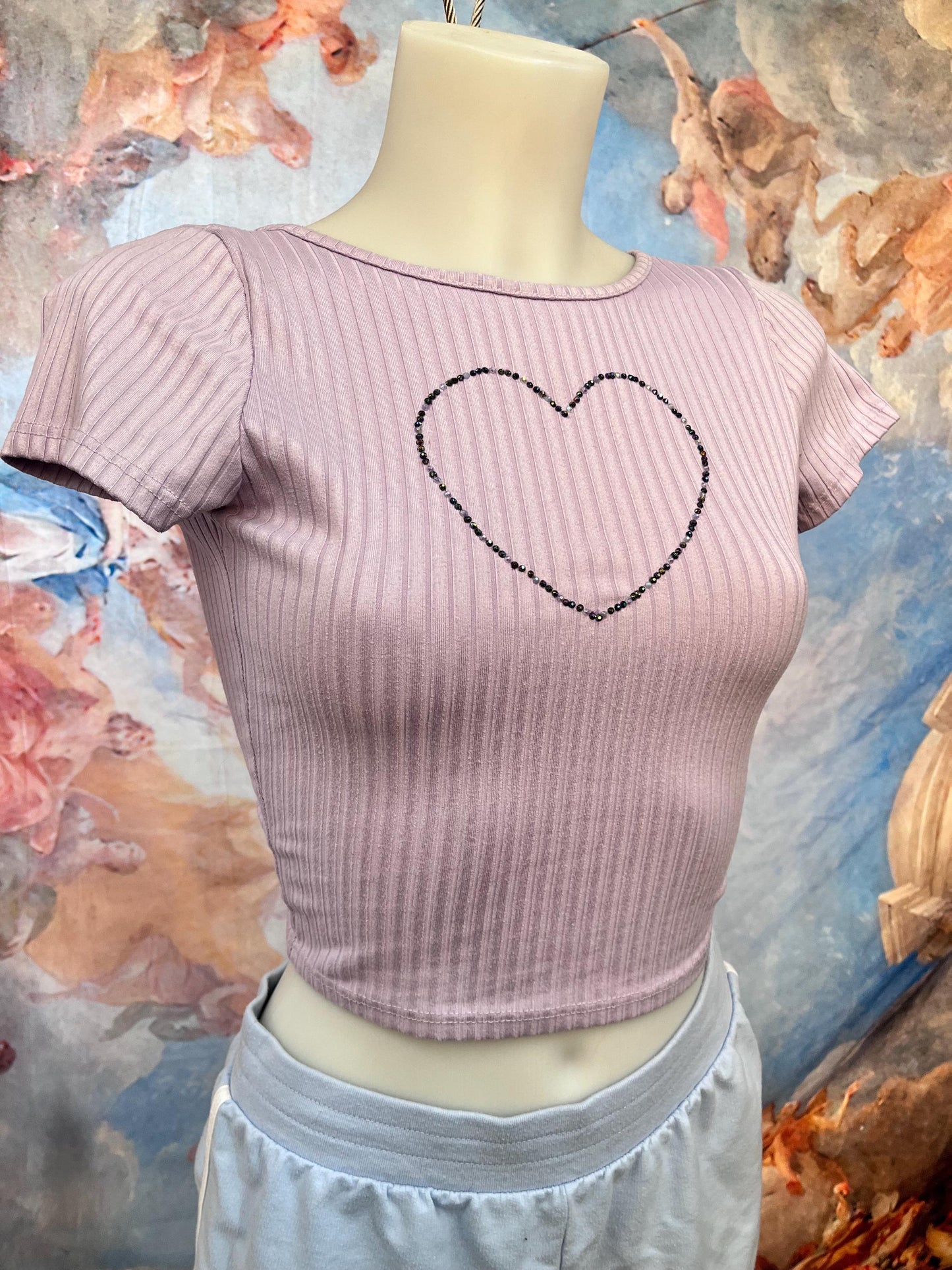 Soft Ribbed Short Sleeve Tee With Rhinestone Heart and Cutout Back