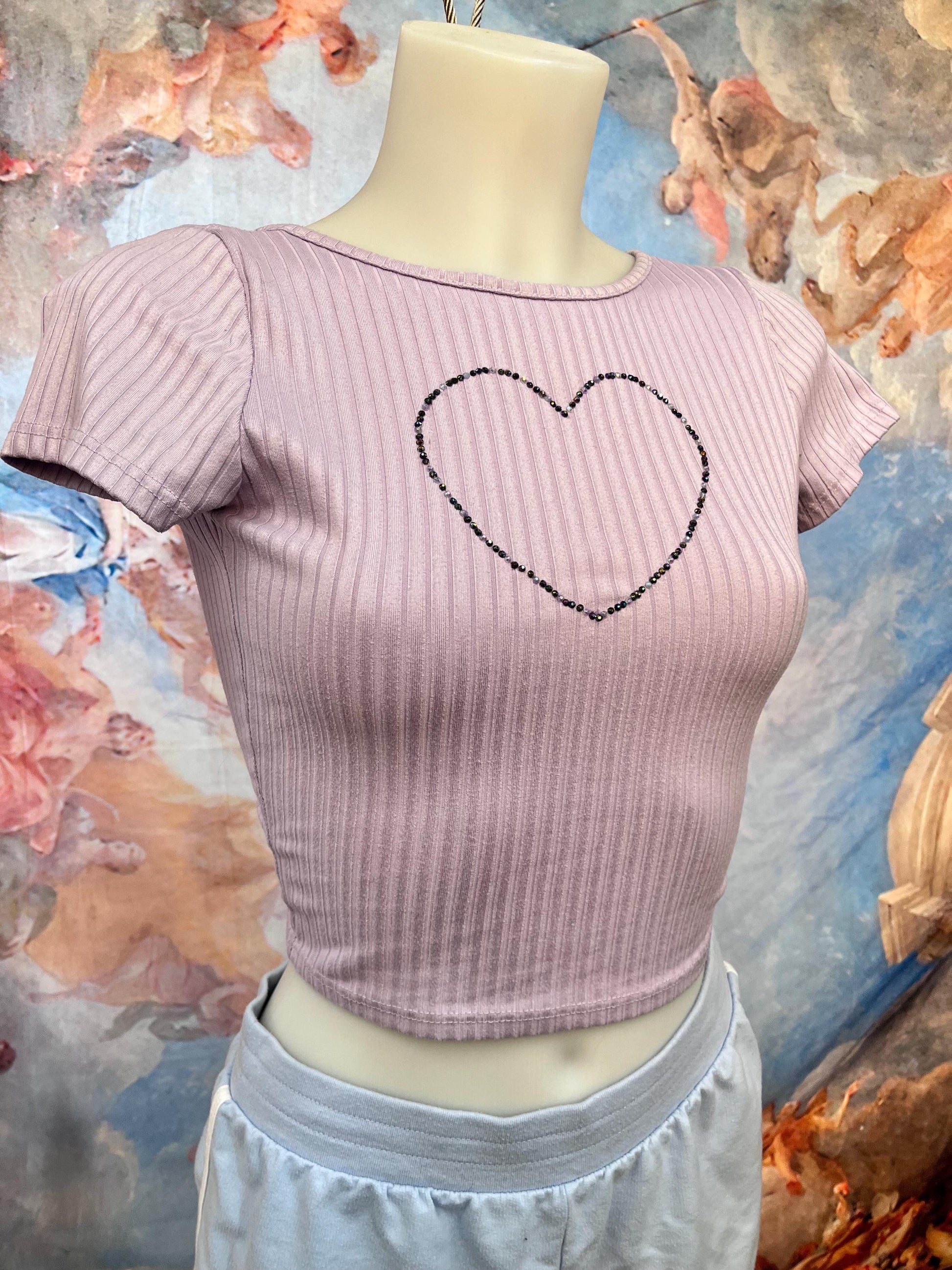 Soft Ribbed Short Sleeve Tee With Rhinestone Heart and Cutout Back