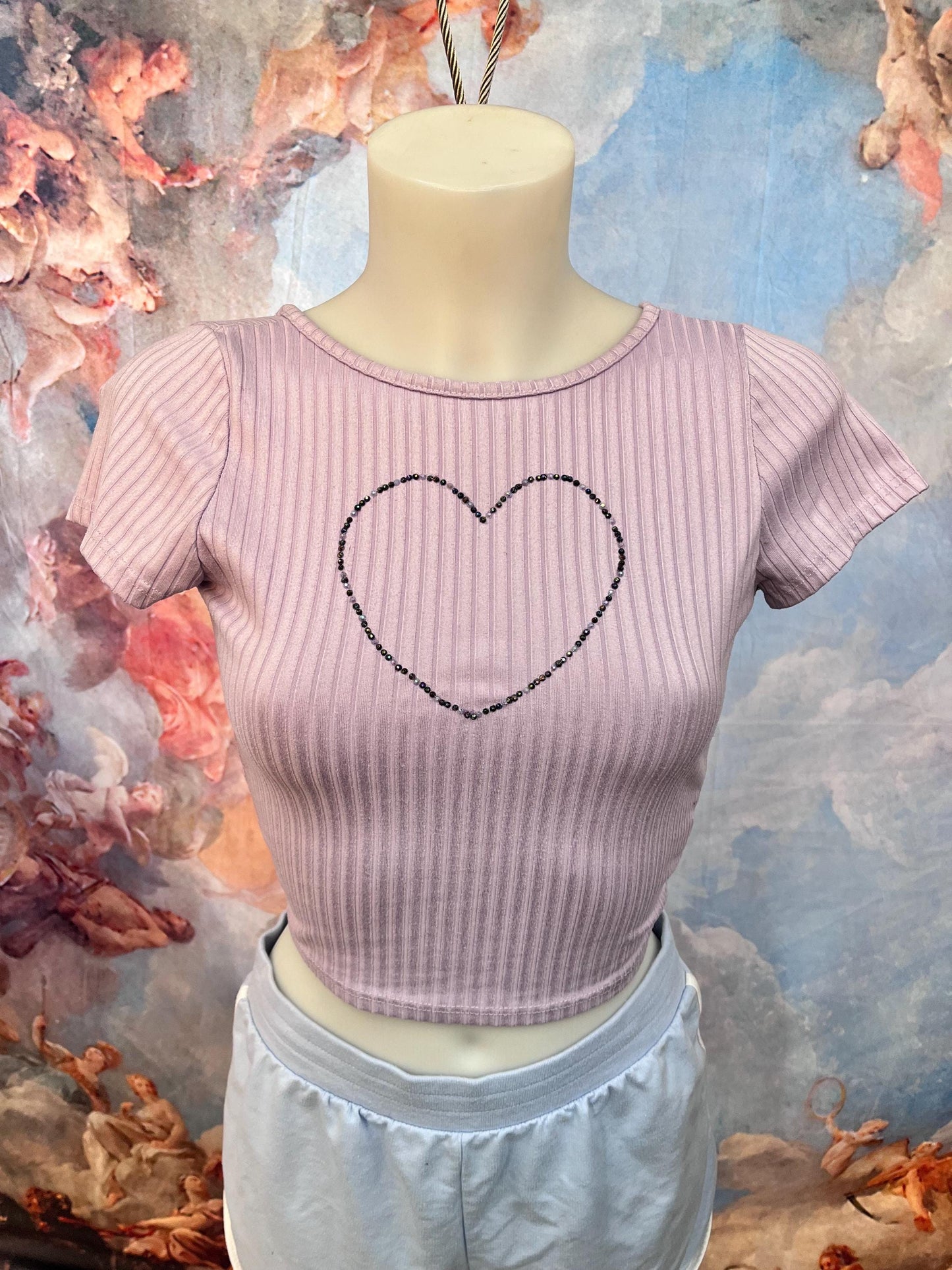 Soft Ribbed Short Sleeve Tee With Rhinestone Heart and Cutout Back