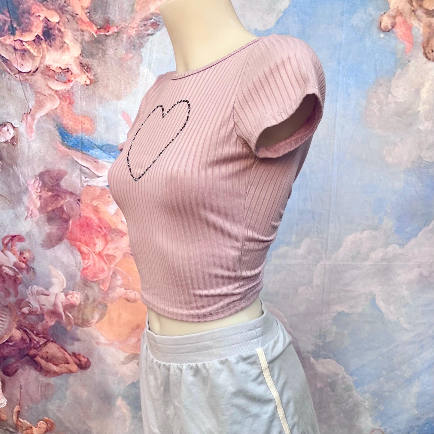 Soft Ribbed Short Sleeve Tee With Rhinestone Heart and Cutout Back