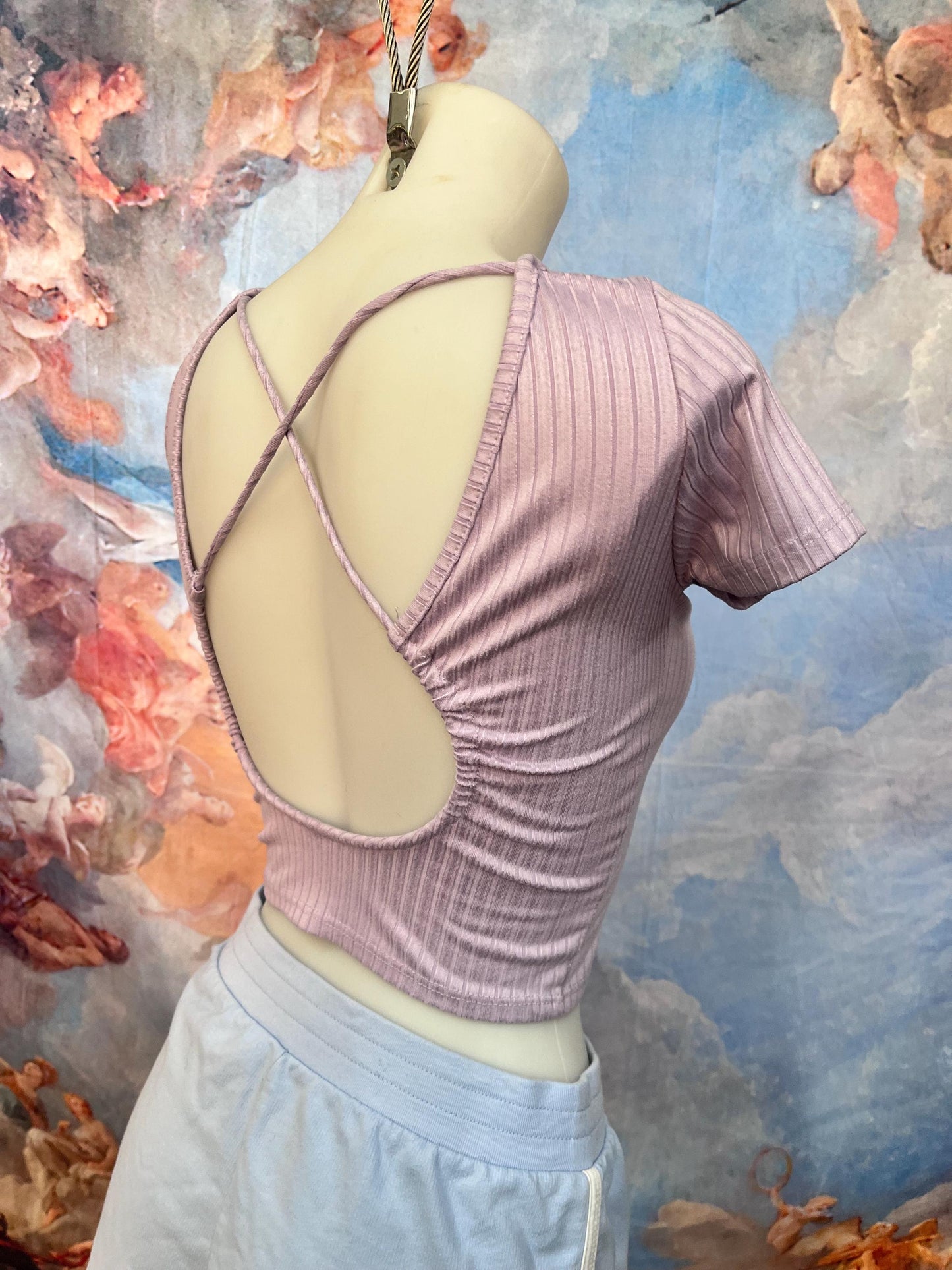 Soft Ribbed Short Sleeve Tee With Rhinestone Heart and Cutout Back