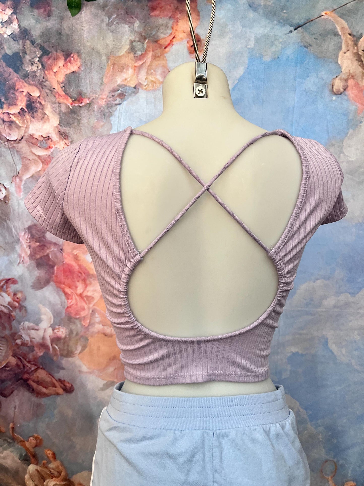 Soft Ribbed Short Sleeve Tee With Rhinestone Heart and Cutout Back