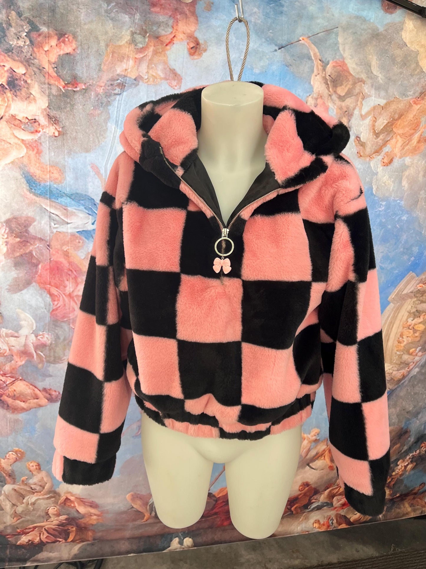 Soft Plush Black and Pink Zip-Up Jacket with Bow Charm