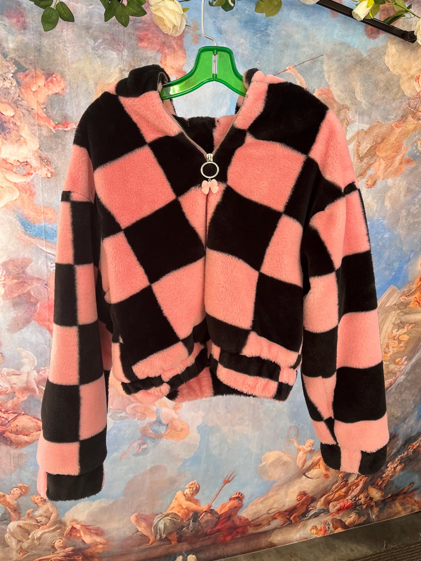 Soft Plush Black and Pink Zip-Up Jacket with Bow Charm