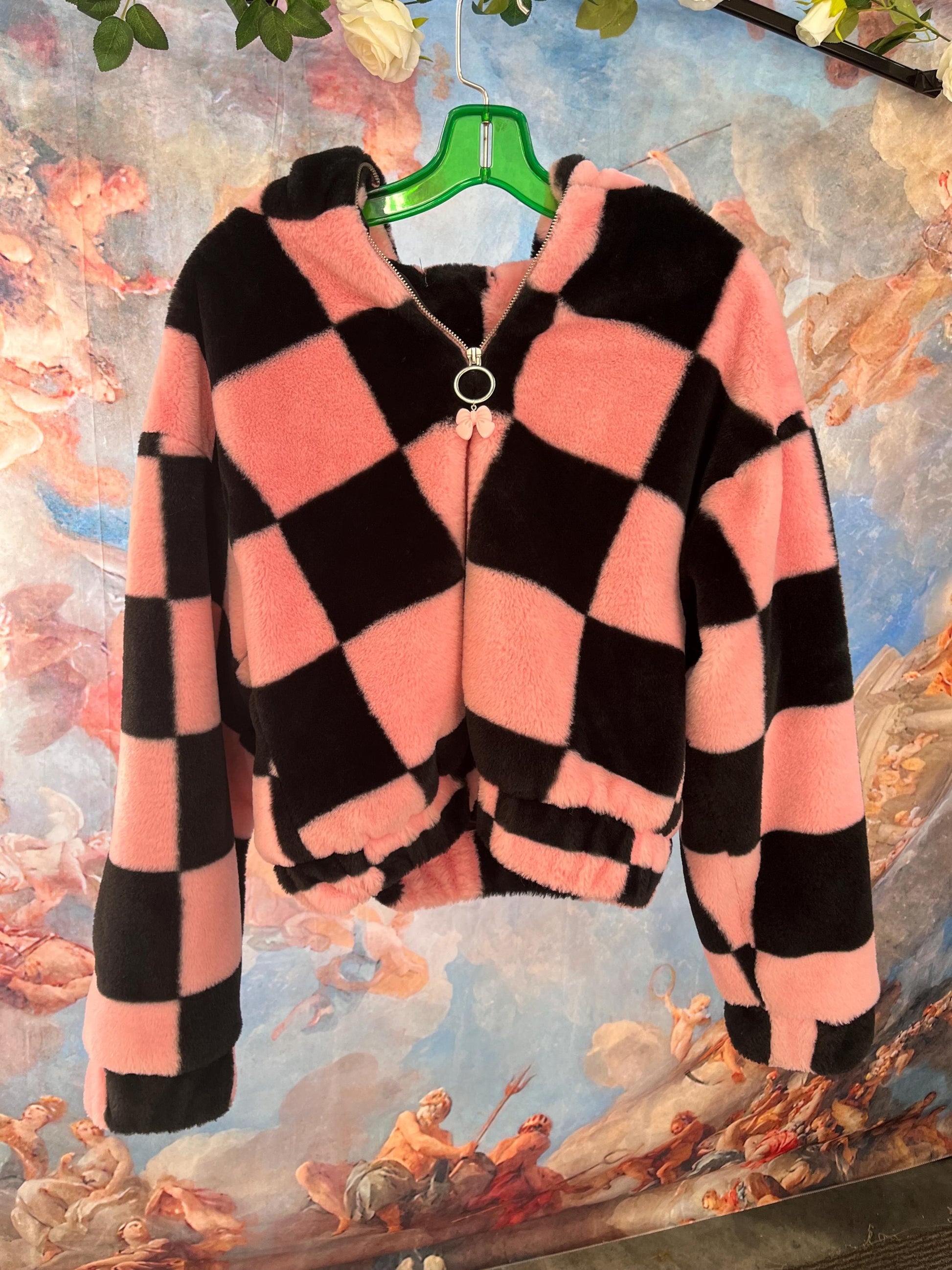 Soft Plush Black and Pink Zip-Up Jacket with Bow Charm