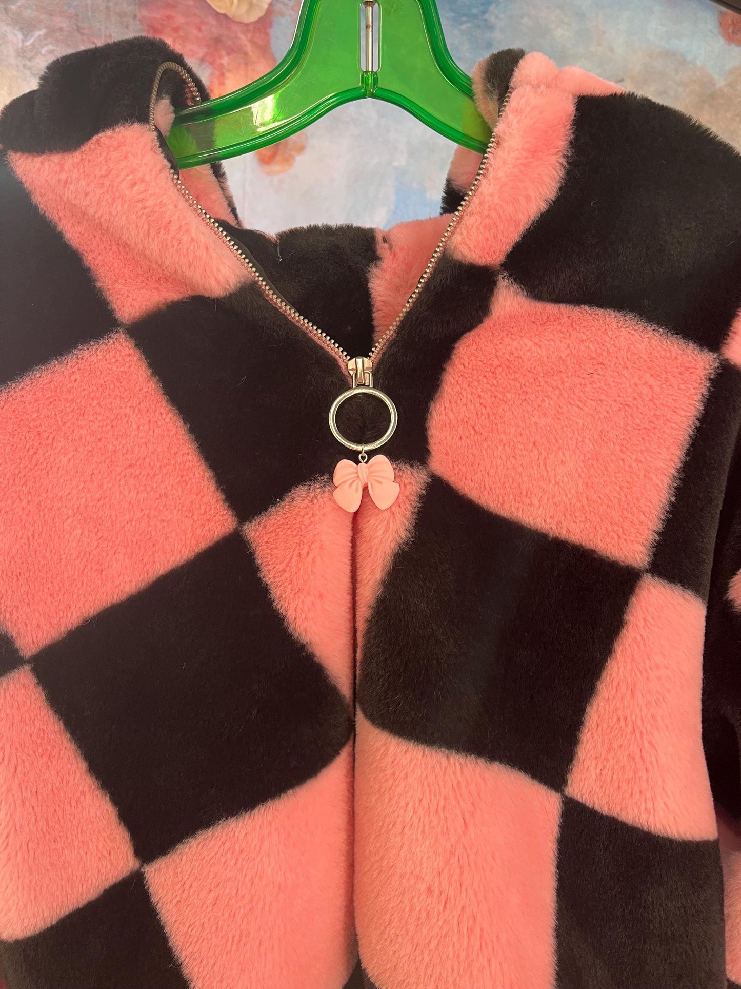 Soft Plush Black and Pink Zip-Up Jacket with Bow Charm