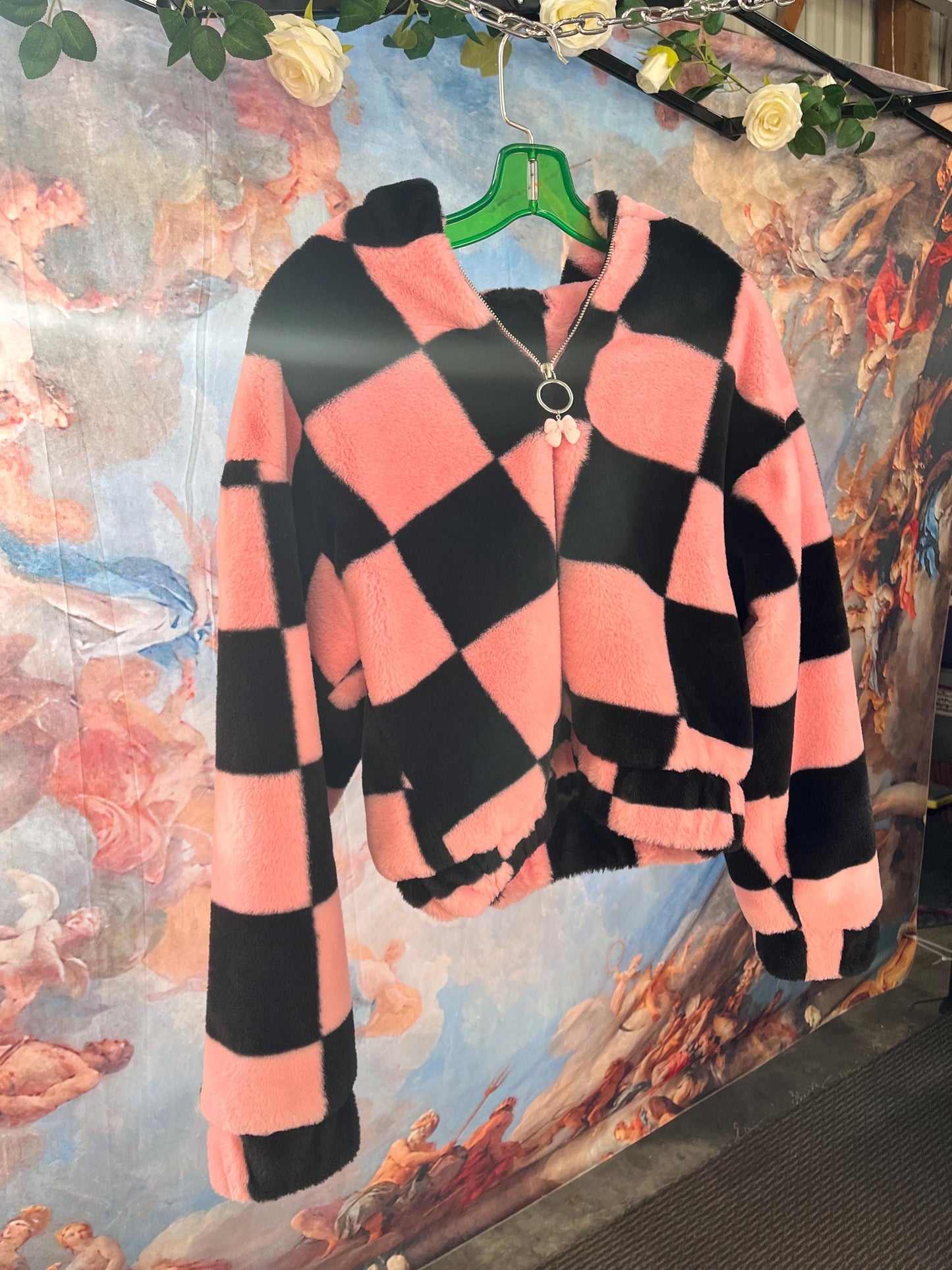 Soft Plush Black and Pink Zip-Up Jacket with Bow Charm