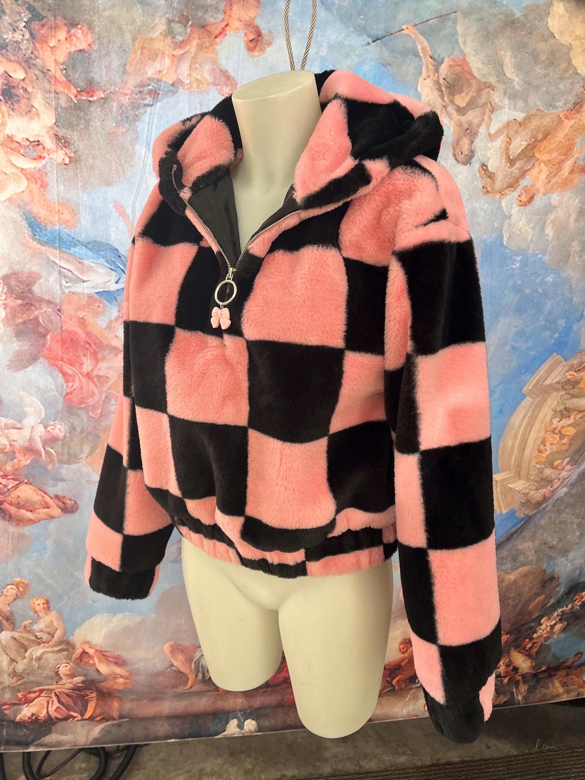 Soft Plush Black and Pink Zip-Up Jacket with Bow Charm