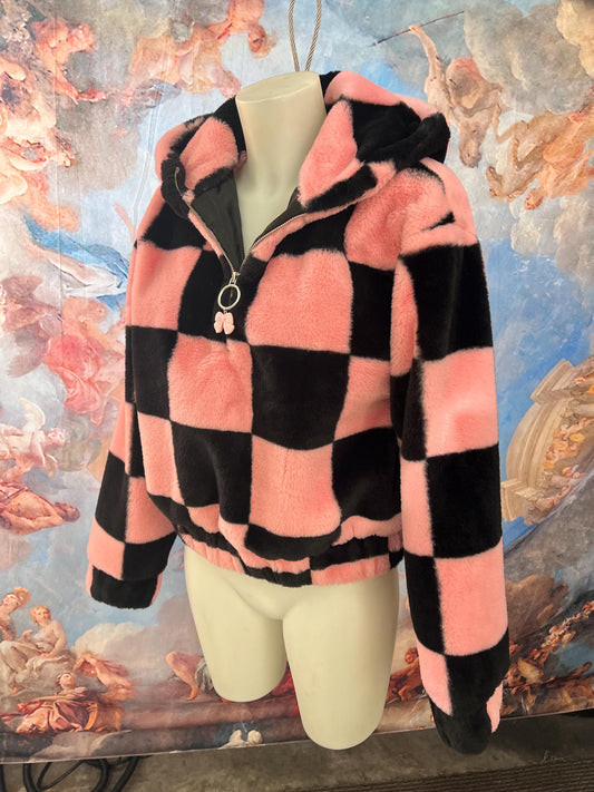 Soft Plush Black and Pink Zip-Up Jacket with Bow Charm