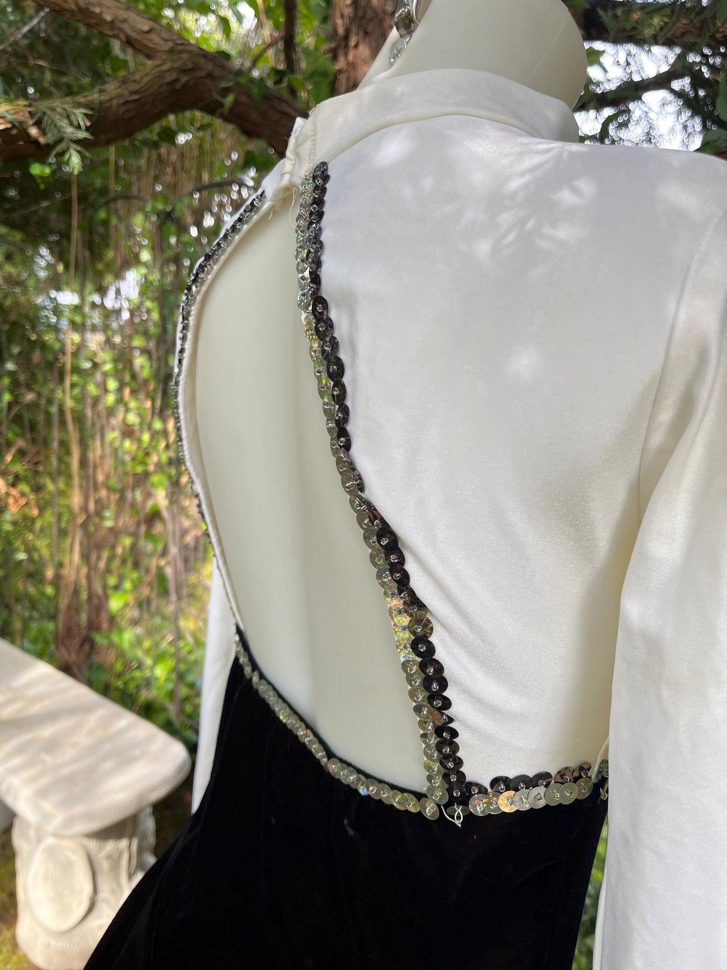 Vintage Sequin Ice Skating Leotard – Black Velvet & White Satin Bodysuit with Sheer Sparkle Panel | 80s/90s Glam Festival Outfit or Costume
