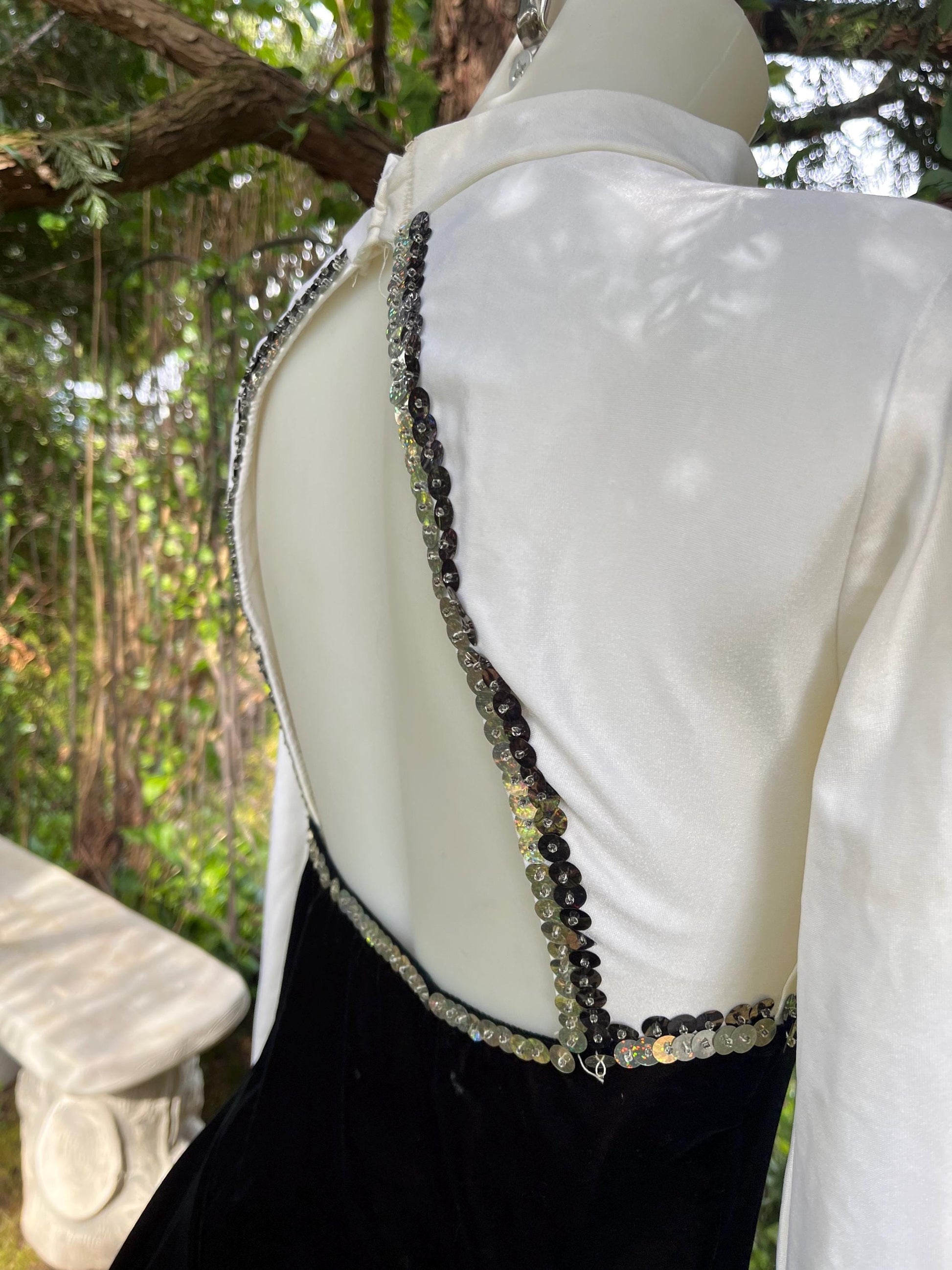 Vintage Sequin Ice Skating Leotard – Black Velvet & White Satin Bodysuit with Sheer Sparkle Panel | 80s/90s Glam Festival Outfit or Costume