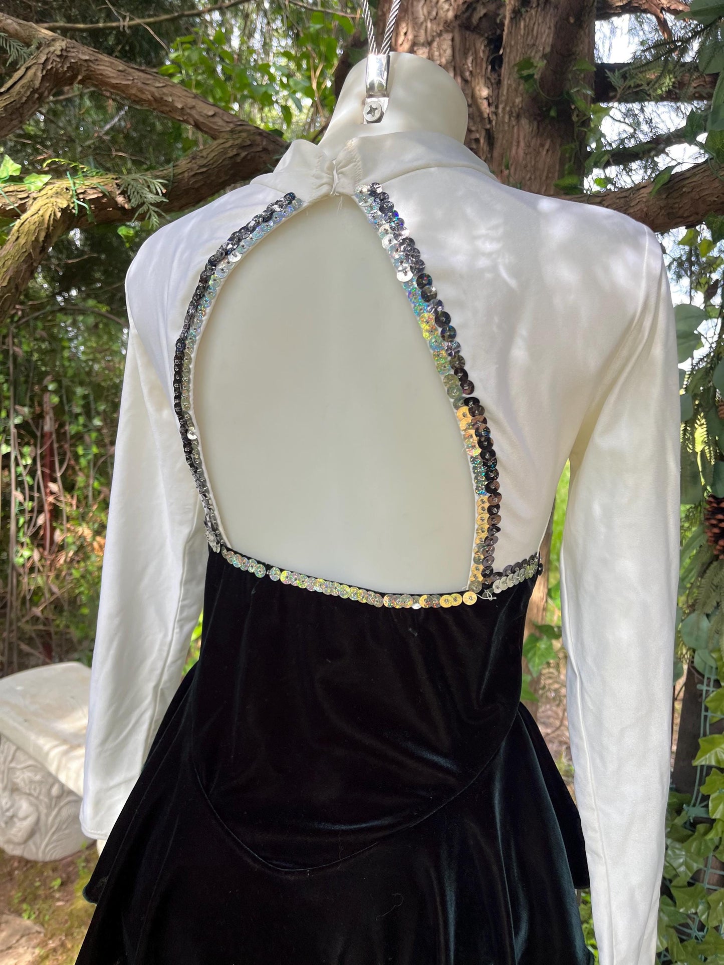 Vintage Sequin Ice Skating Leotard – Black Velvet & White Satin Bodysuit with Sheer Sparkle Panel | 80s/90s Glam Festival Outfit or Costume
