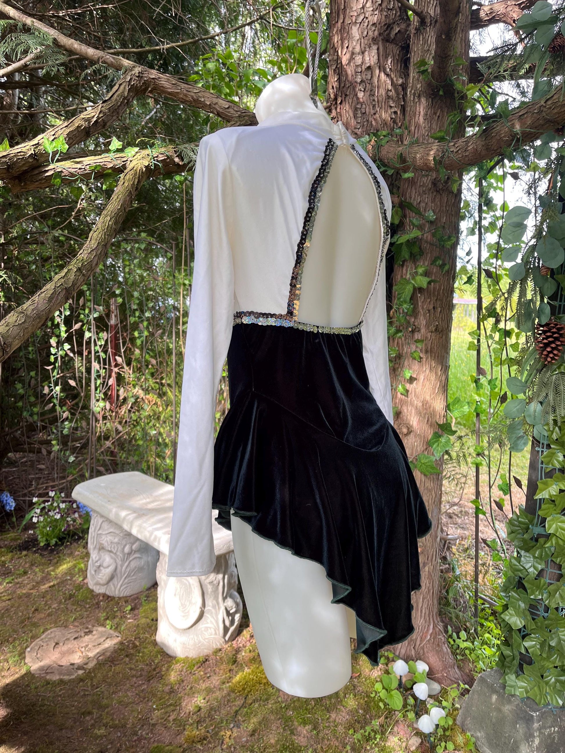 Vintage Sequin Ice Skating Leotard – Black Velvet & White Satin Bodysuit with Sheer Sparkle Panel | 80s/90s Glam Festival Outfit or Costume