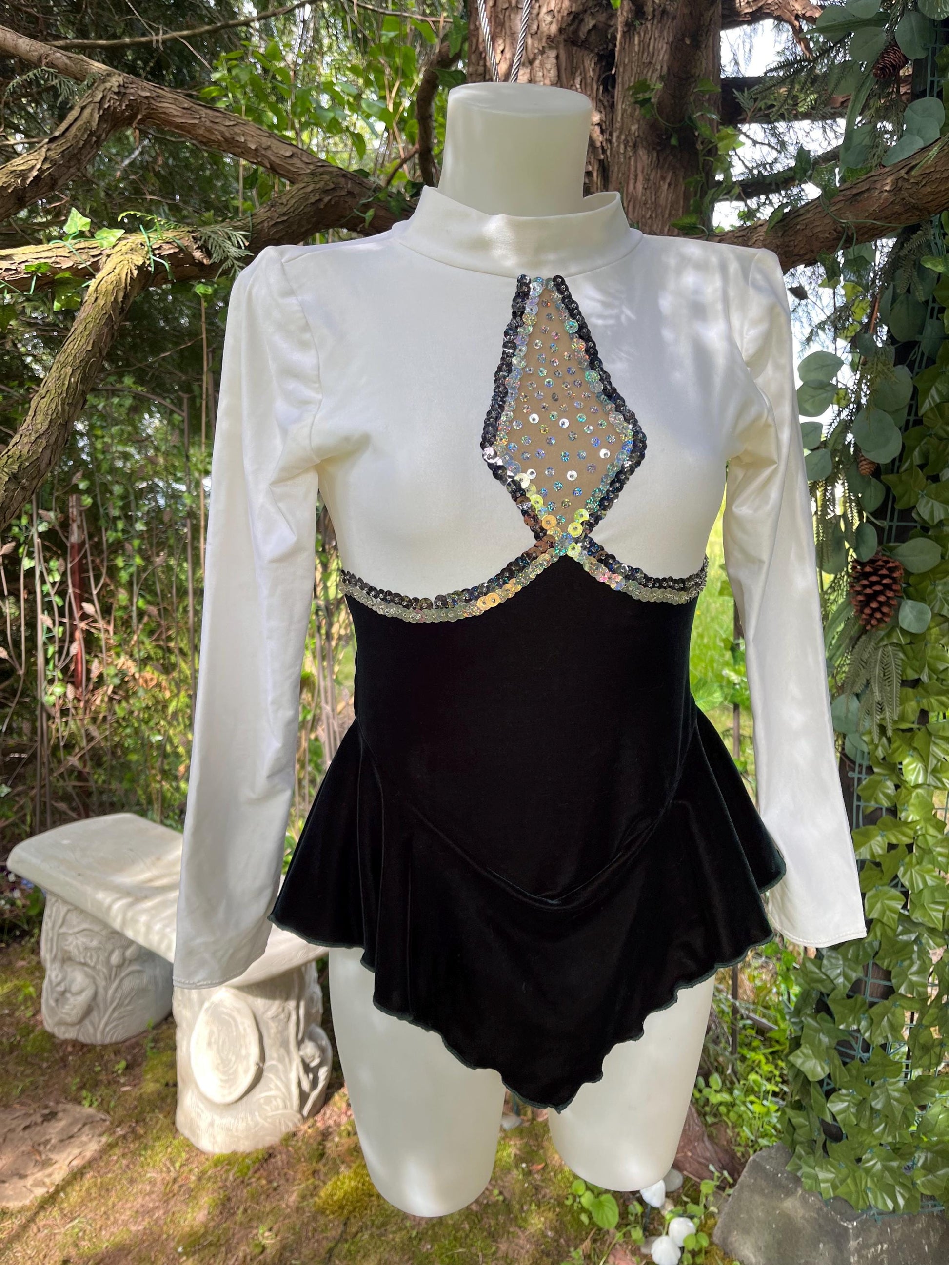Vintage Sequin Ice Skating Leotard – Black Velvet & White Satin Bodysuit with Sheer Sparkle Panel | 80s/90s Glam Festival Outfit or Costume