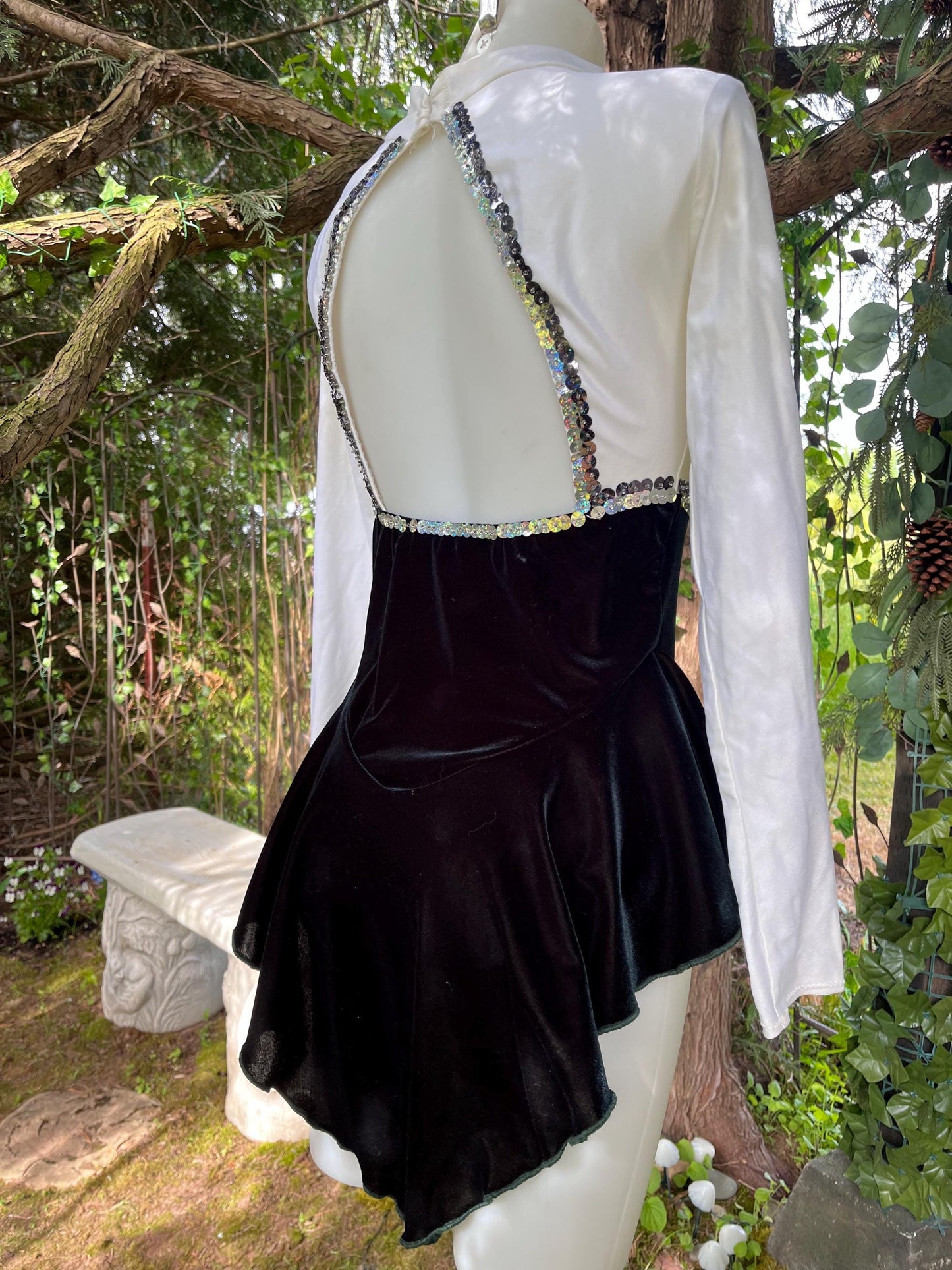 Vintage Sequin Ice Skating Leotard – Black Velvet & White Satin Bodysuit with Sheer Sparkle Panel | 80s/90s Glam Festival Outfit or Costume