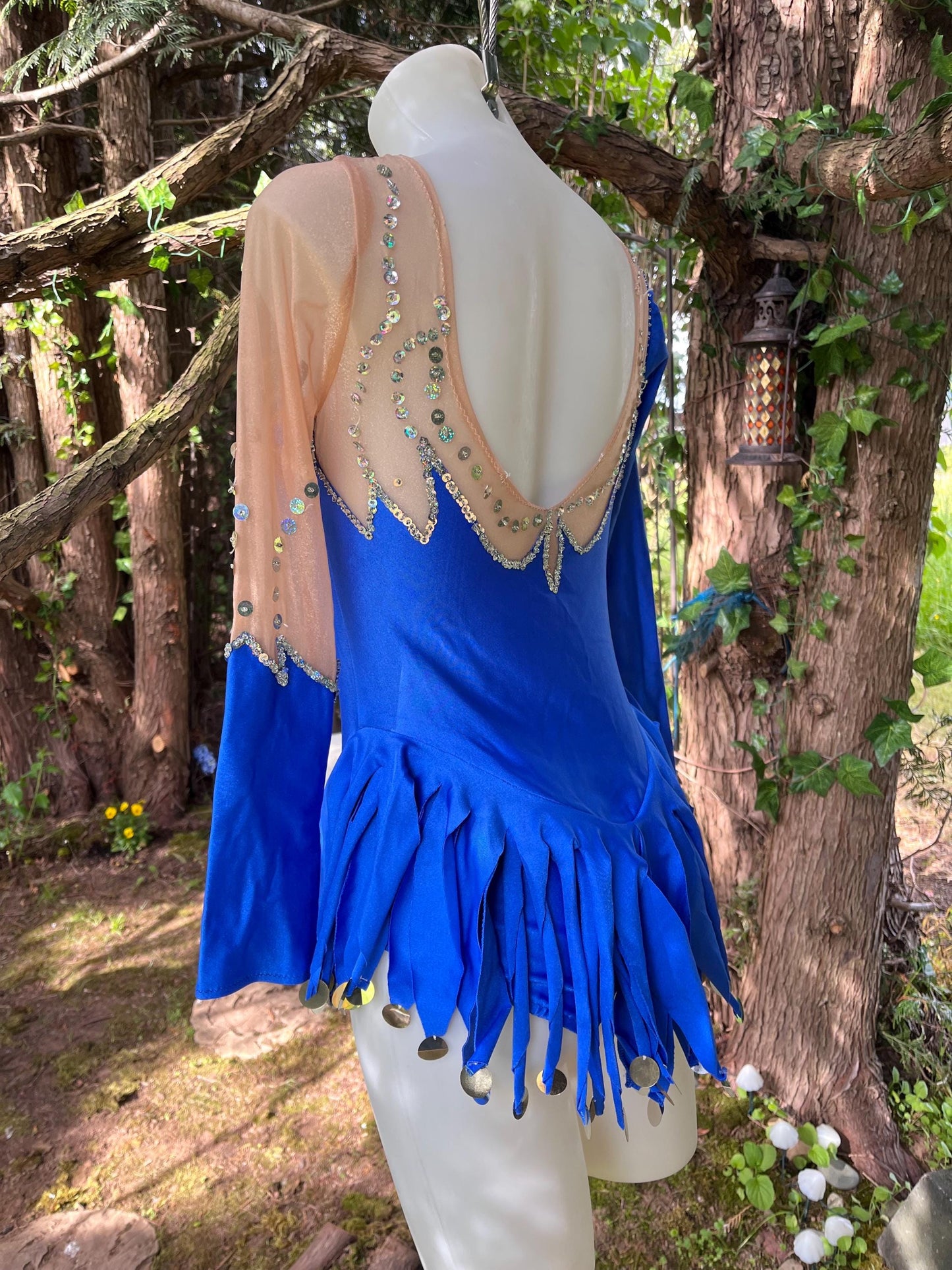 Vintage Sapphire Blue Figure Skating Costume – Sheer Sequin Mesh Sleeves, Fringe Hem & Long Sleeves | Festival or Performance Outfit
