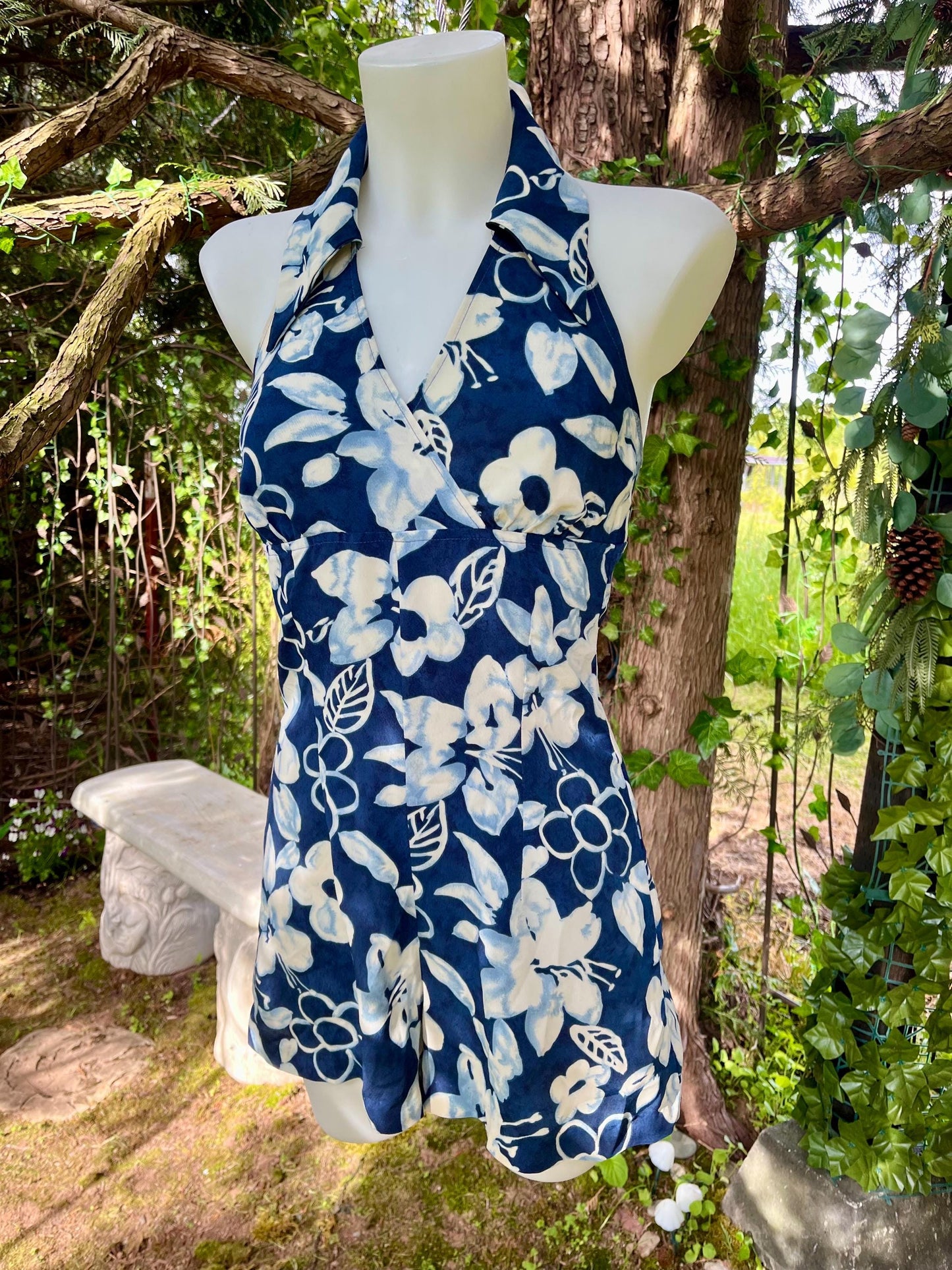 Vintage Navy & Ivory Floral Halter Romper – Island Dreamscape Edition