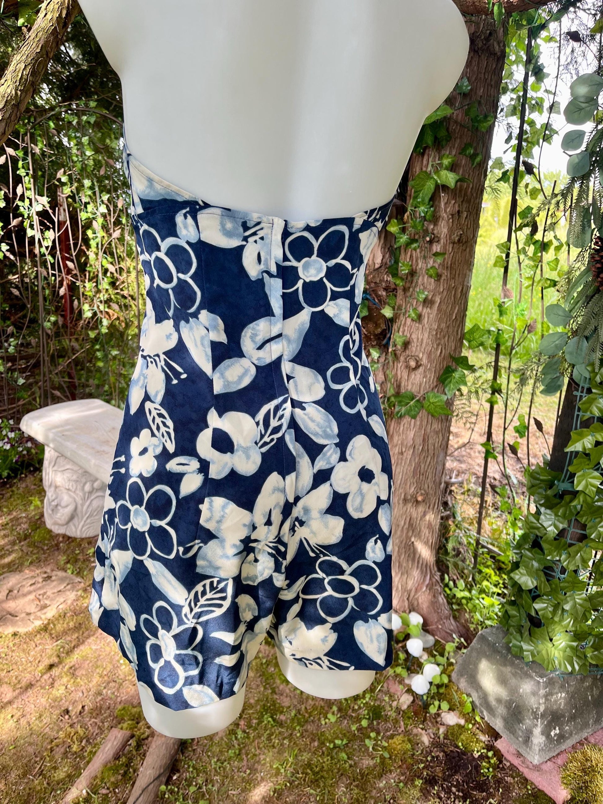 Vintage Navy & Ivory Floral Halter Romper – Island Dreamscape Edition