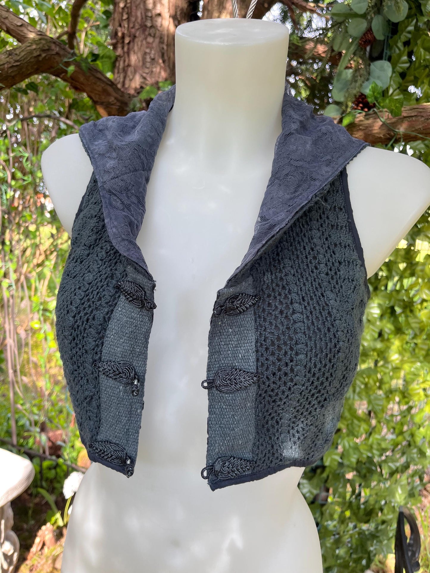 Dark Ash Blue Lace-Up Cropped Vest with Hood – Handmade Crochet & Lace Faerywear