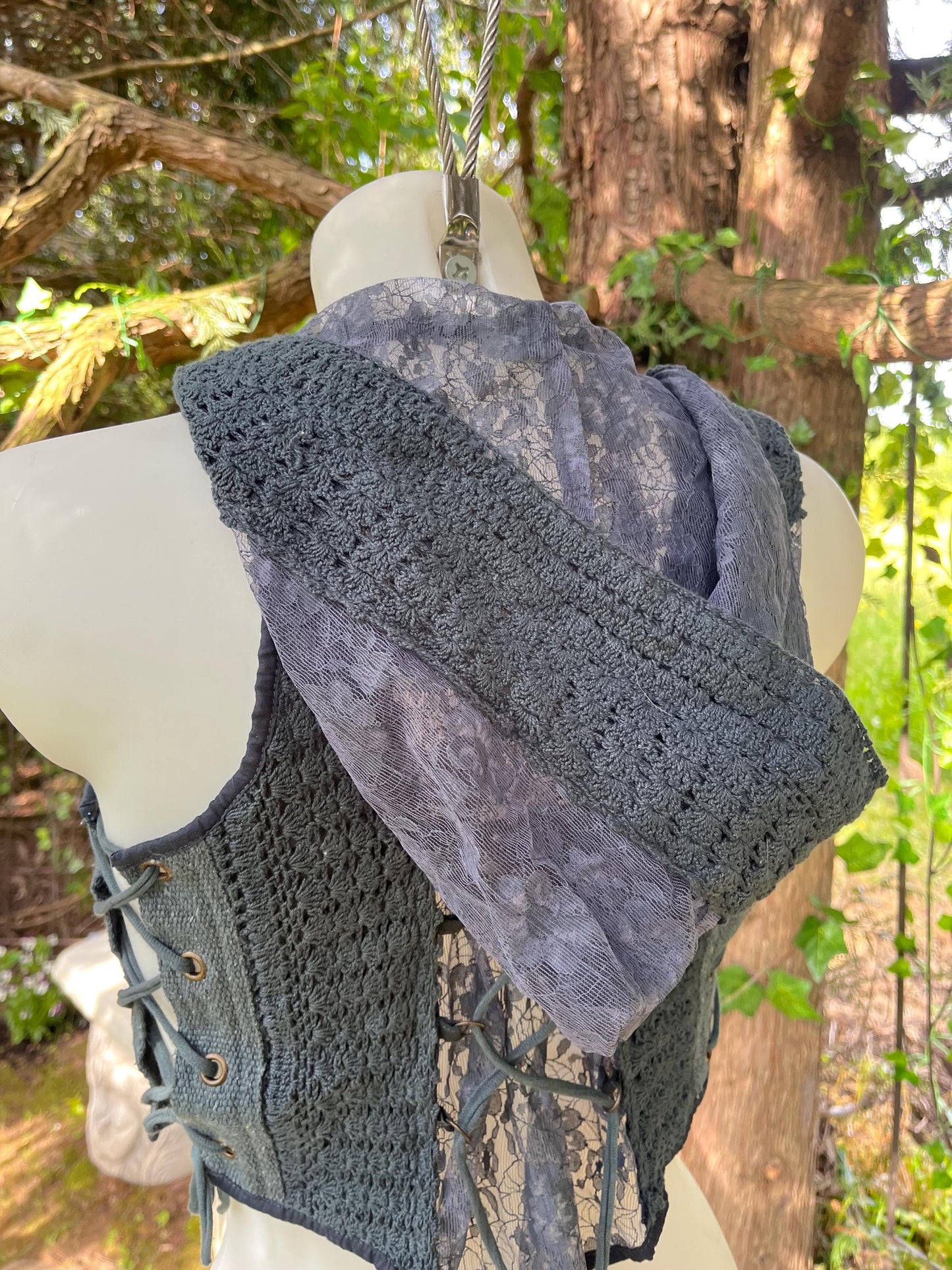 Dark Ash Blue Lace-Up Cropped Vest with Hood – Handmade Crochet & Lace Faerywear