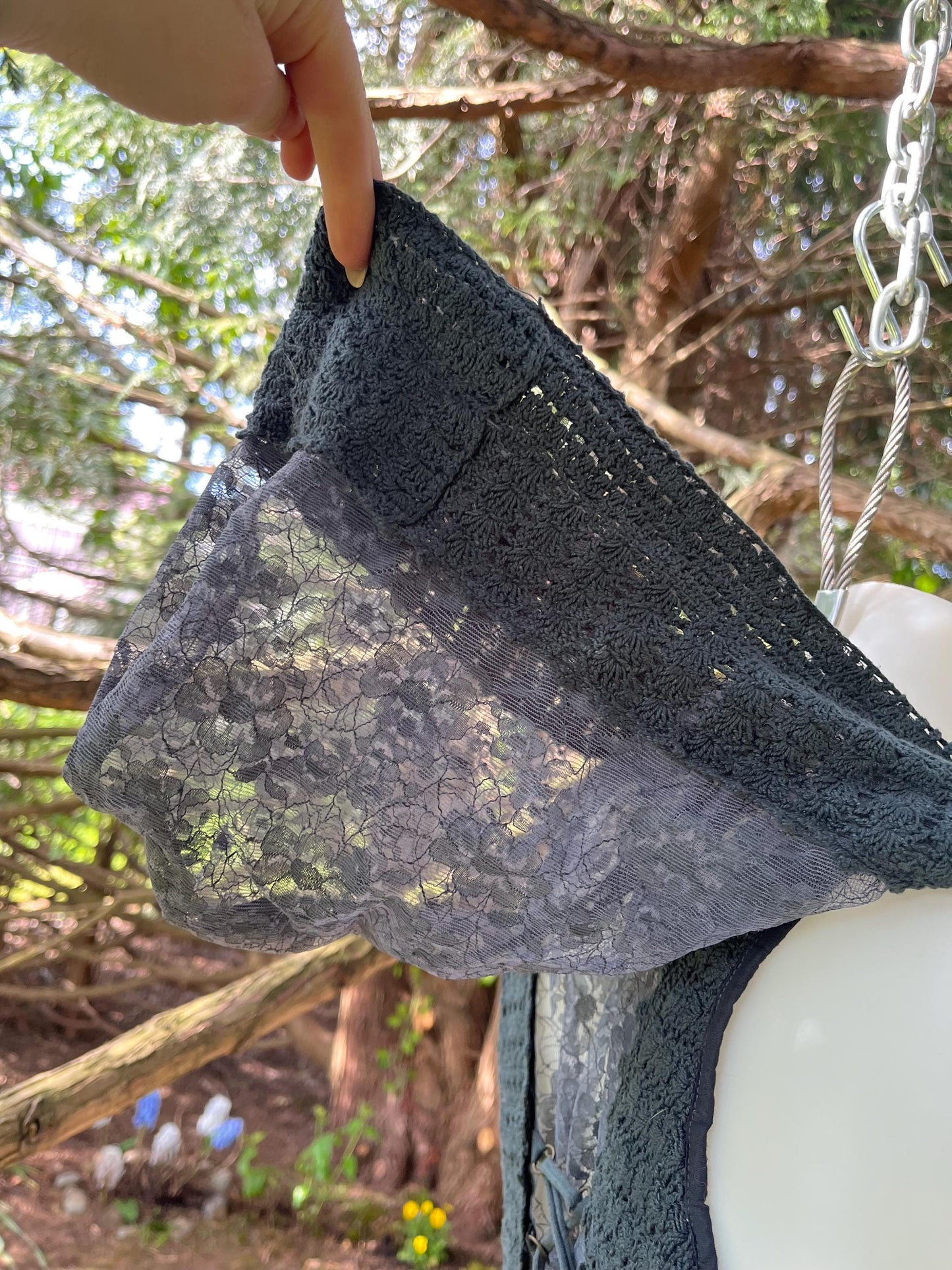 Dark Ash Blue Lace-Up Cropped Vest with Hood – Handmade Crochet & Lace Faerywear