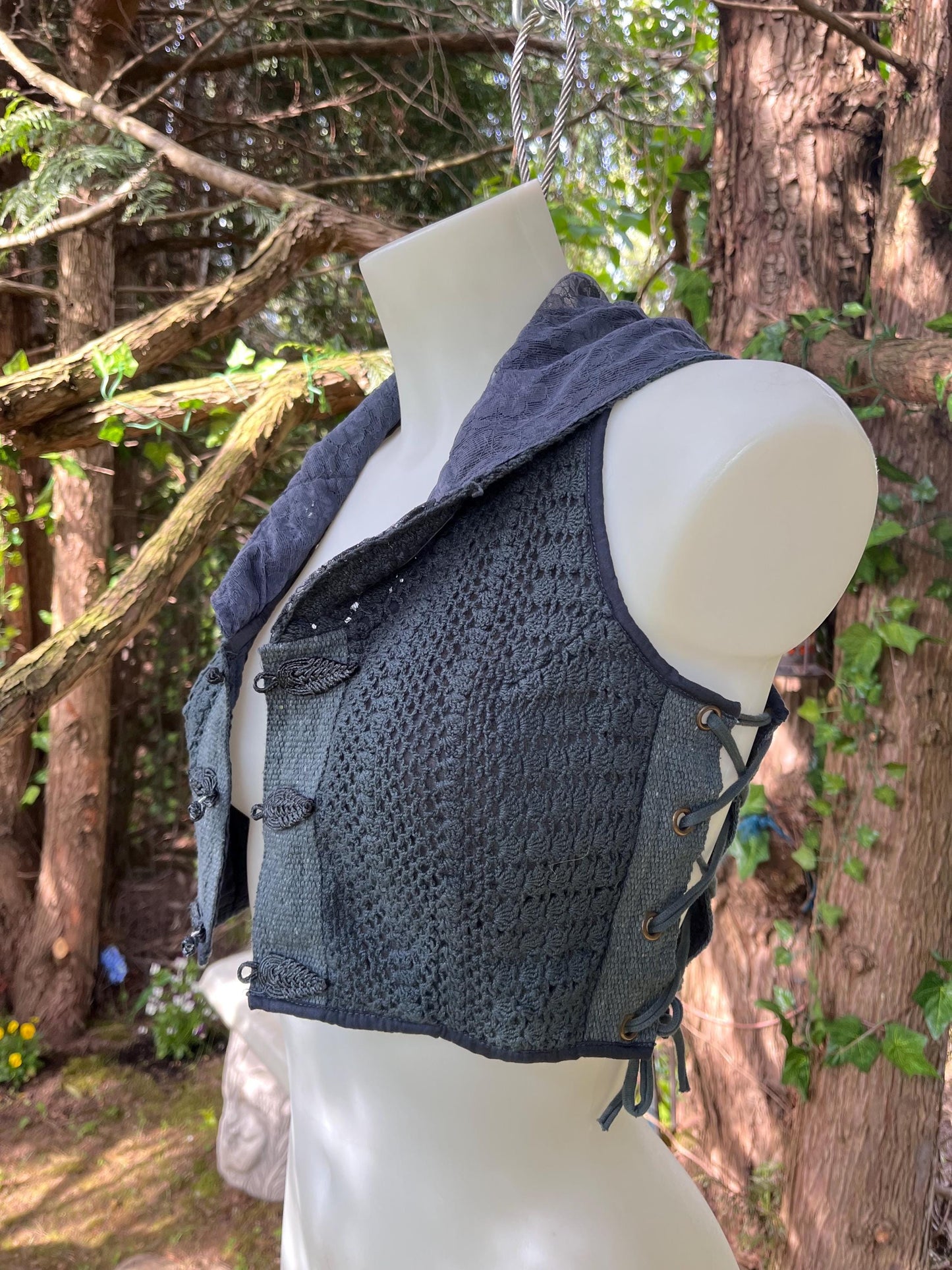 Dark Ash Blue Lace-Up Cropped Vest with Hood – Handmade Crochet & Lace Faerywear