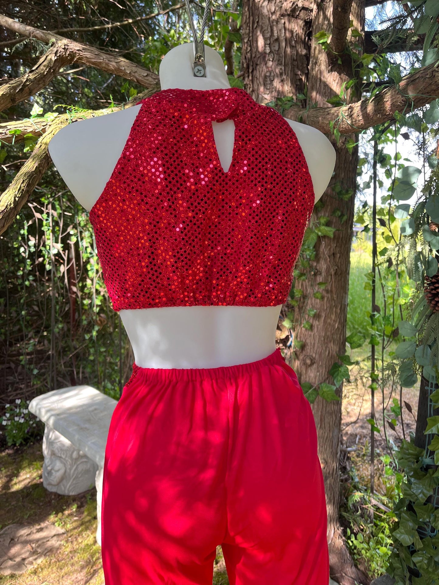 Firestarter Sequin Two-Piece Set – Red Festival Outfit with Glitter Crop Top & Flared Pants