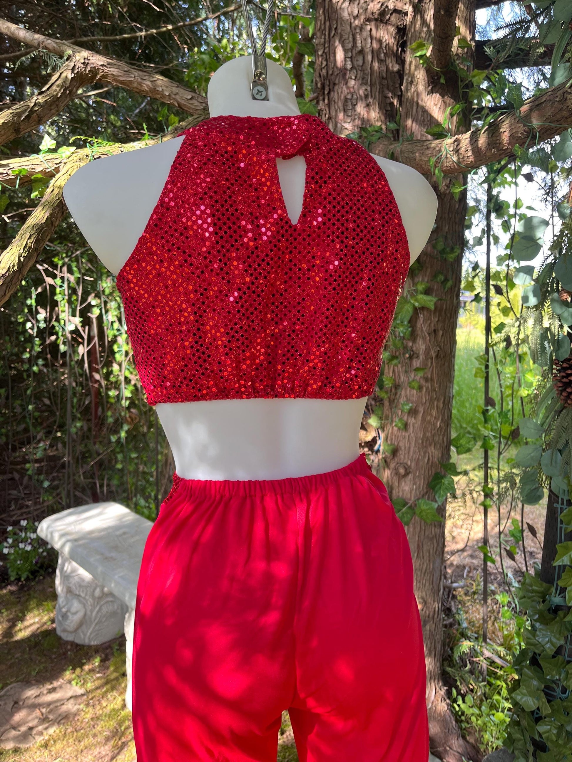 Firestarter Sequin Two-Piece Set – Red Festival Outfit with Glitter Crop Top & Flared Pants